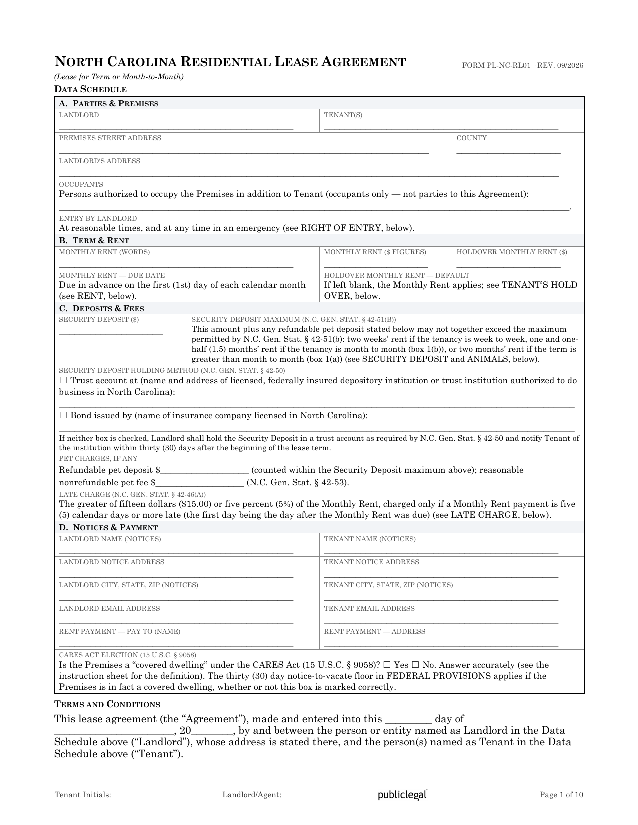 Preview screenshot of page 1 of the North Carolina Residential Lease Agreement showing the Data Schedule and term or month-to-month election
