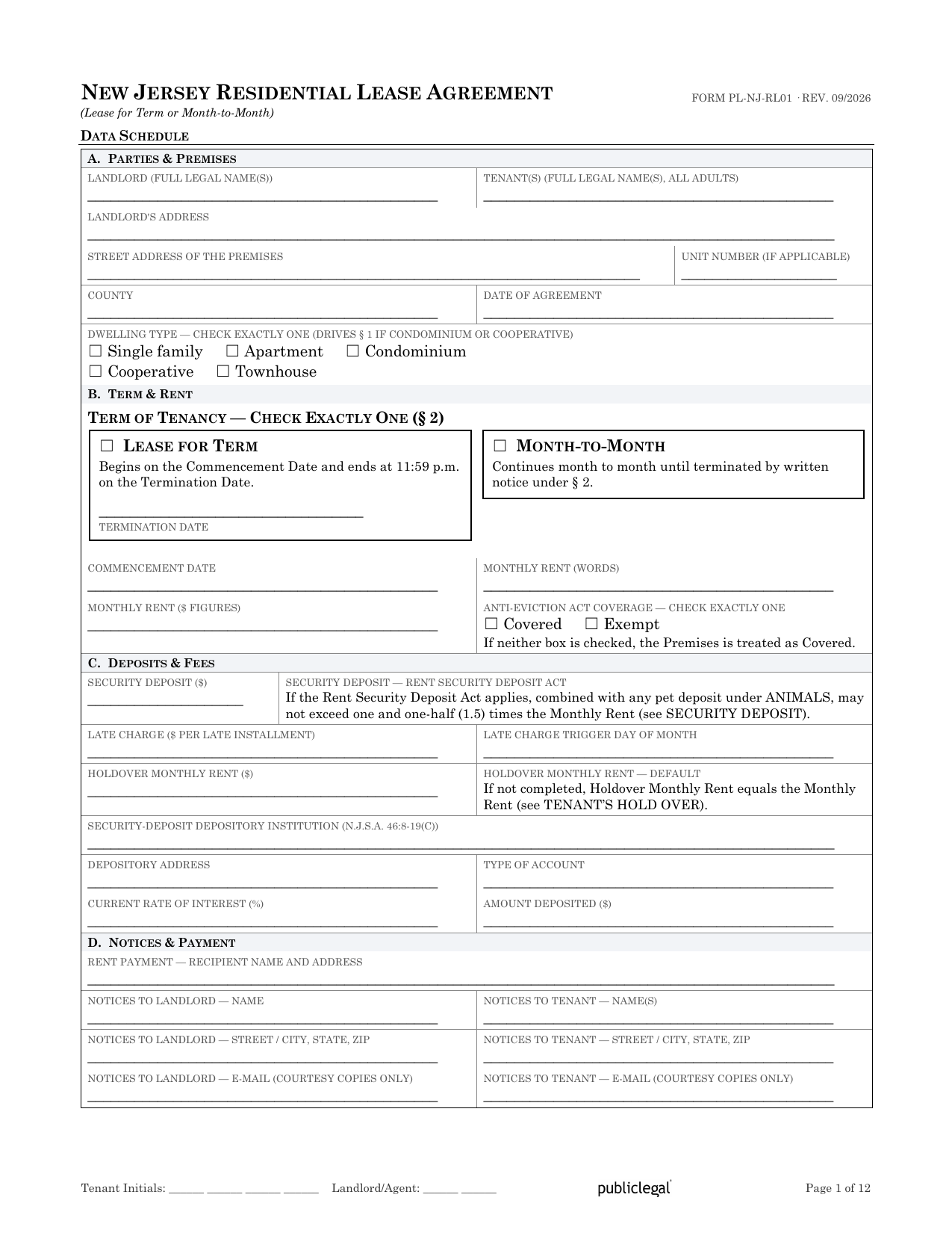 Preview screenshot of page 1 of the New Jersey Residential Lease Agreement showing the Data Schedule and dwelling-type and term elections