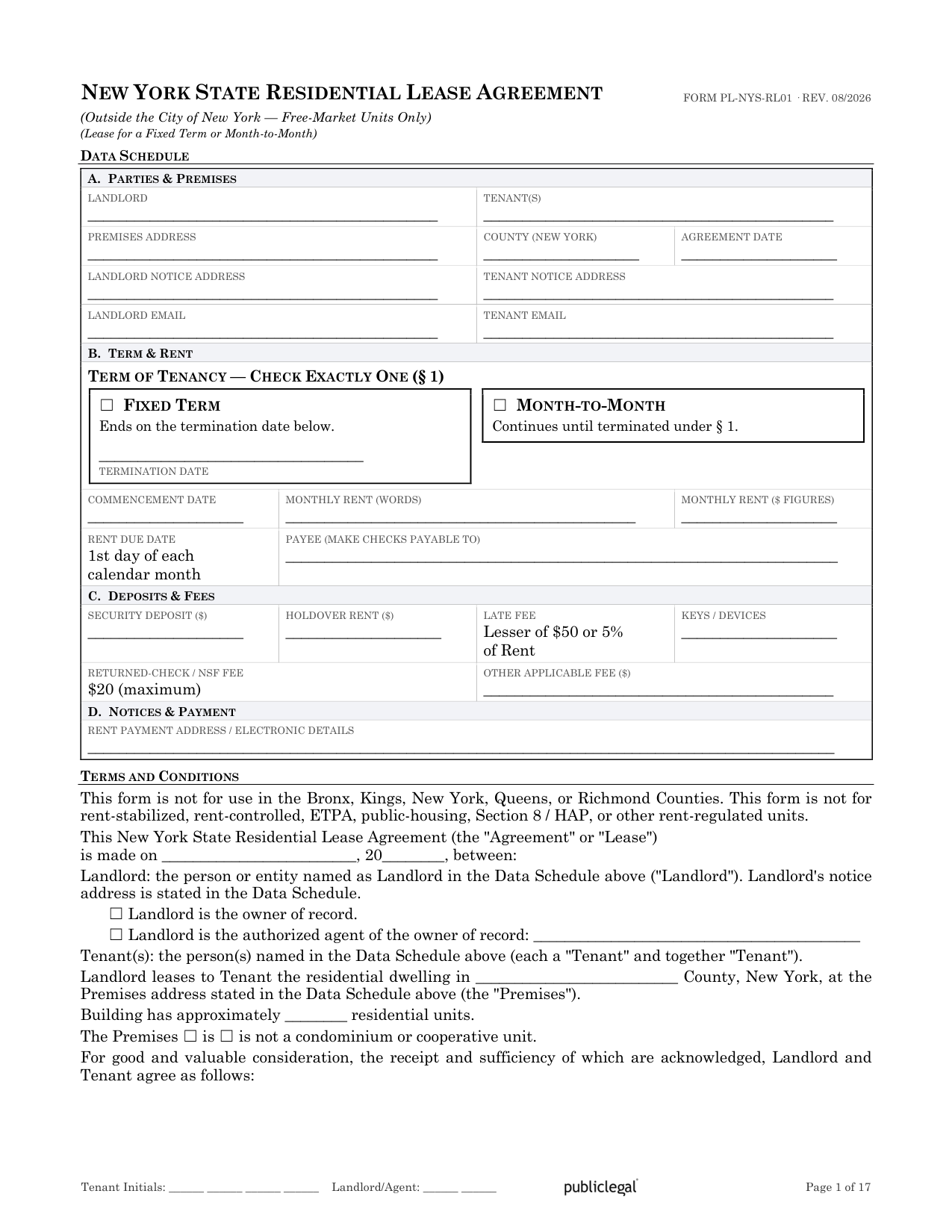 Preview screenshot of page 1 of the New York State Residential Lease Agreement showing the Data Schedule and outside-NYC scope notice