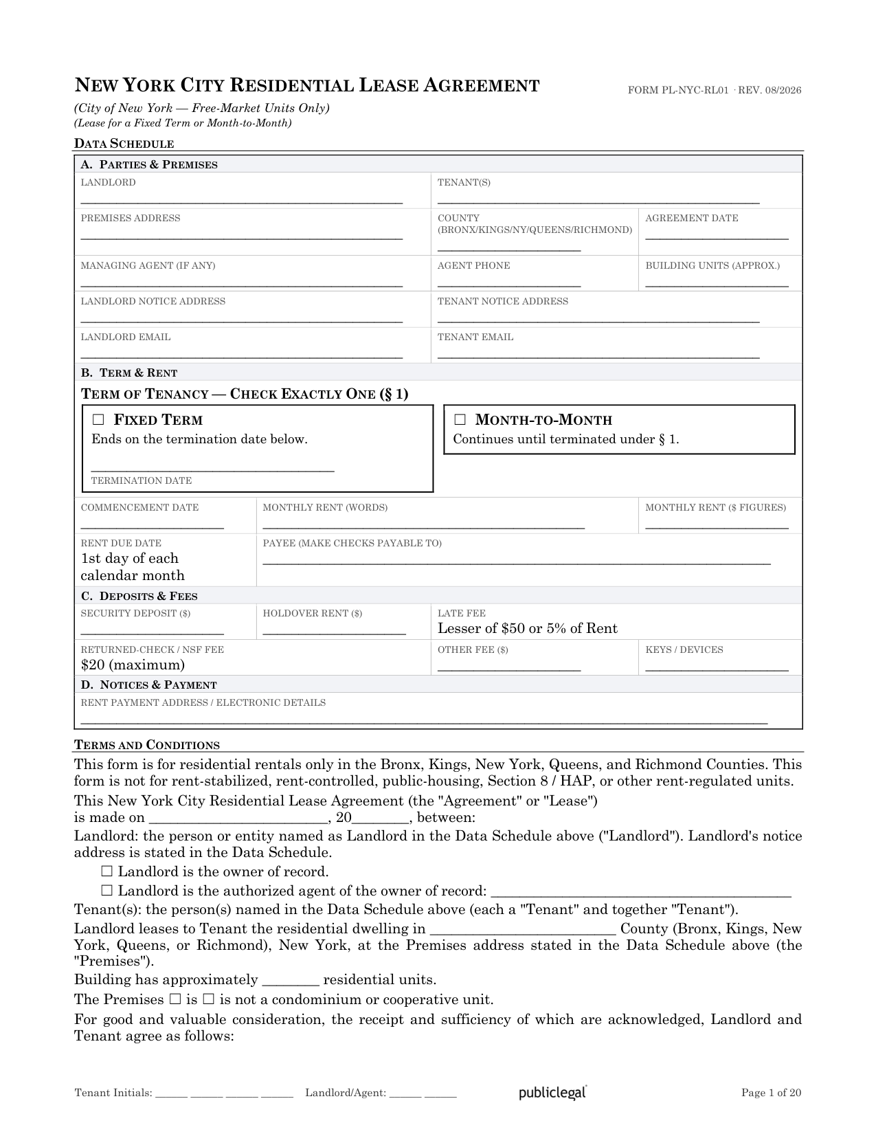 Preview screenshot of page 1 of the New York City Residential Lease Agreement showing the Data Schedule and five-borough scope notice