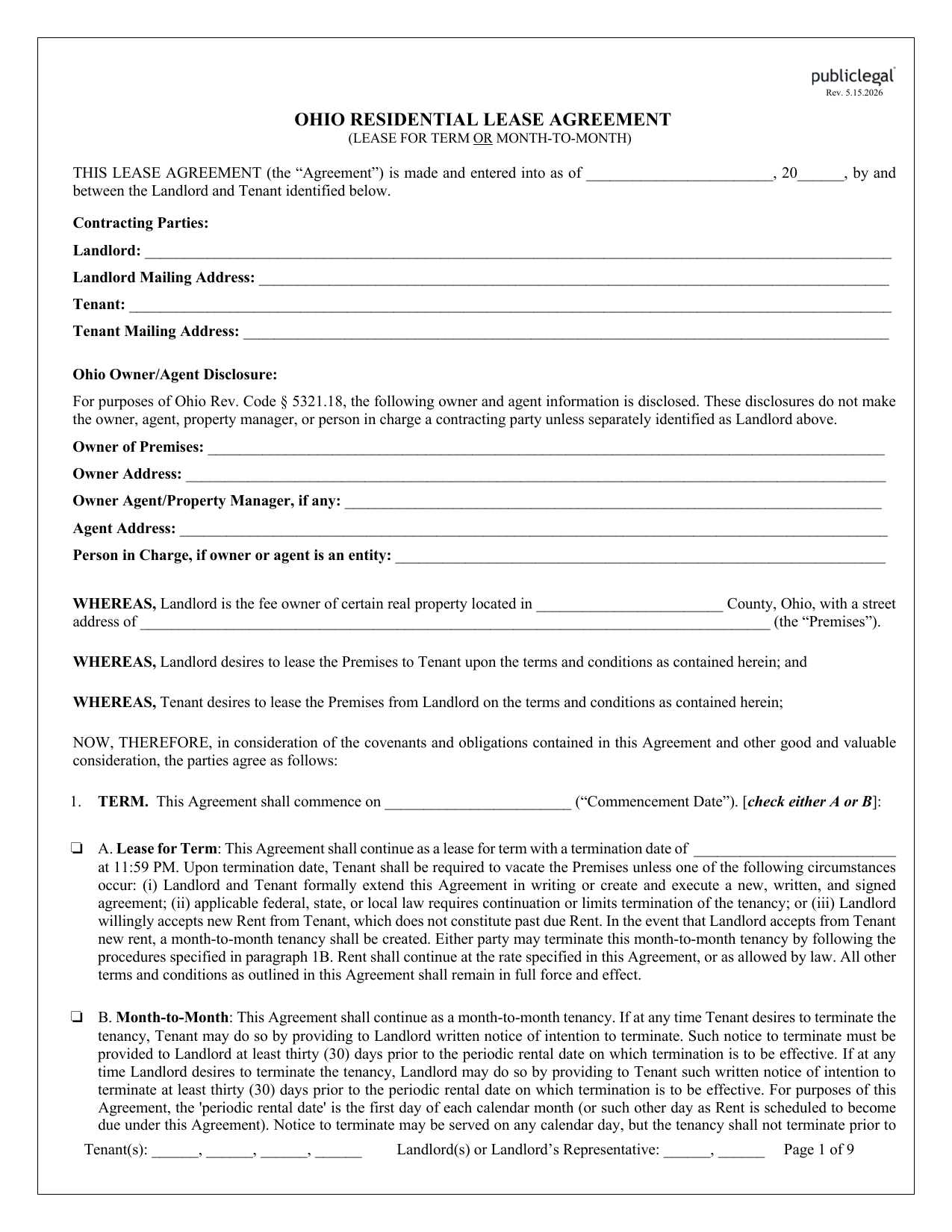 Preview screenshot of page 1 of the Ohio Residential Lease Agreement showing blank landlord and tenant fields