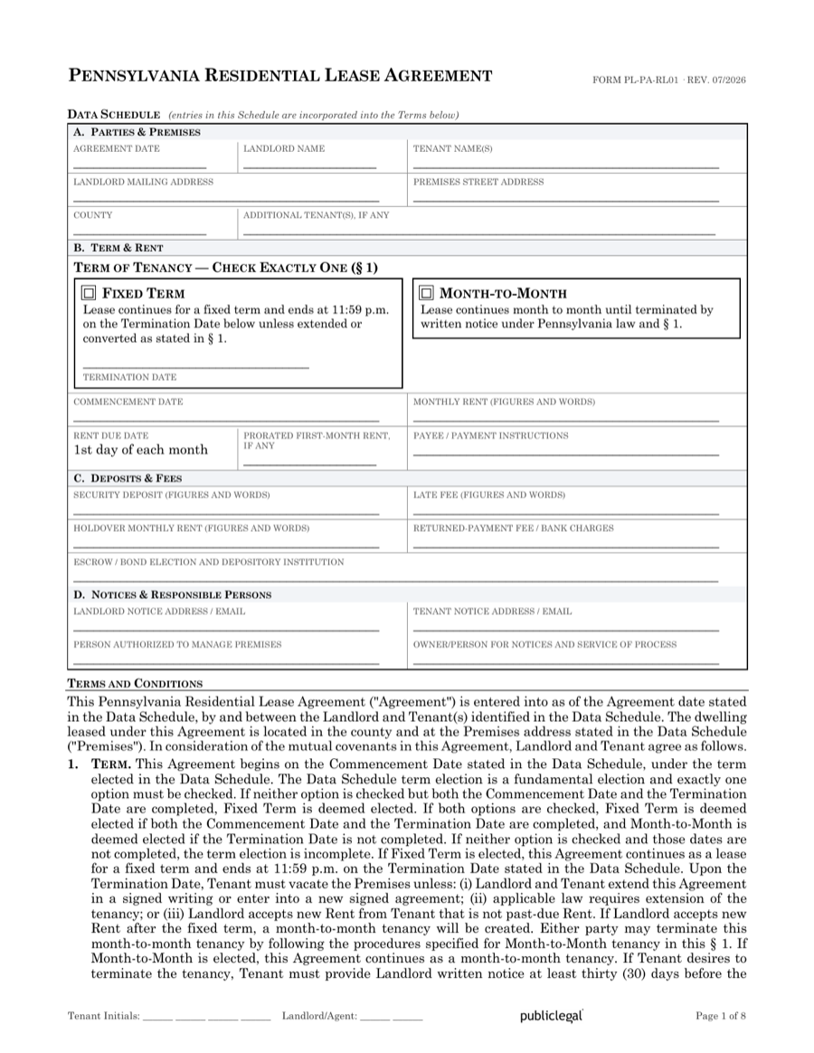 Preview screenshot of page 1 of the Pennsylvania Residential Lease Agreement showing the Data Schedule and term election