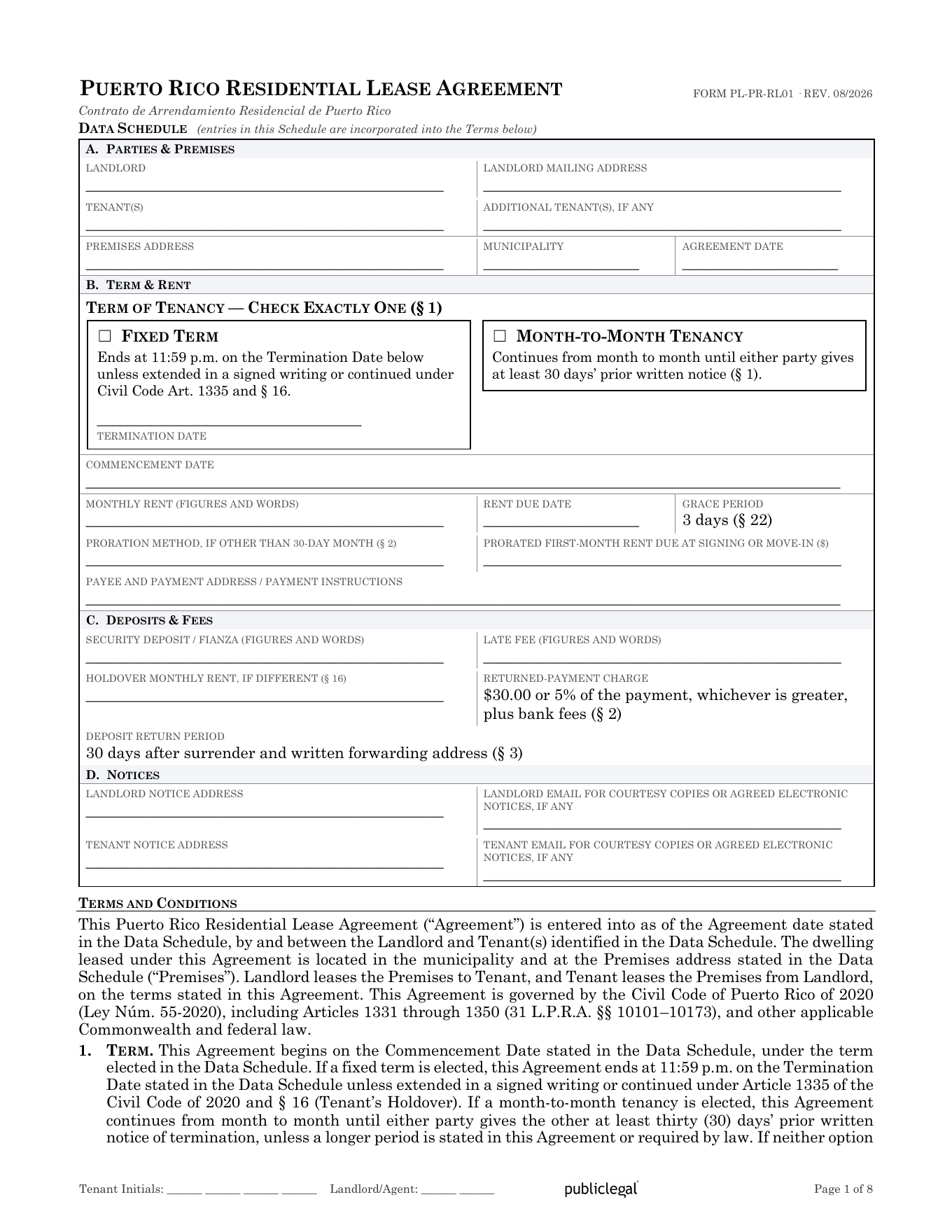 Preview screenshot of page 1 of the Puerto Rico Residential Lease Agreement showing the Data Schedule and term election