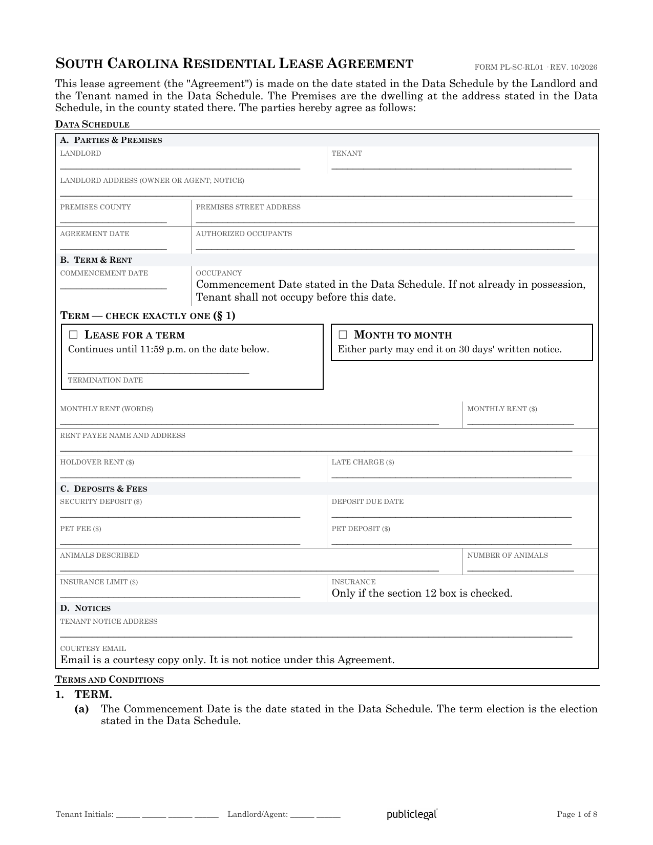 Preview screenshot of page 1 of the South Carolina Residential Lease Agreement showing the blank Data Schedule, term election, and the opening of the term section