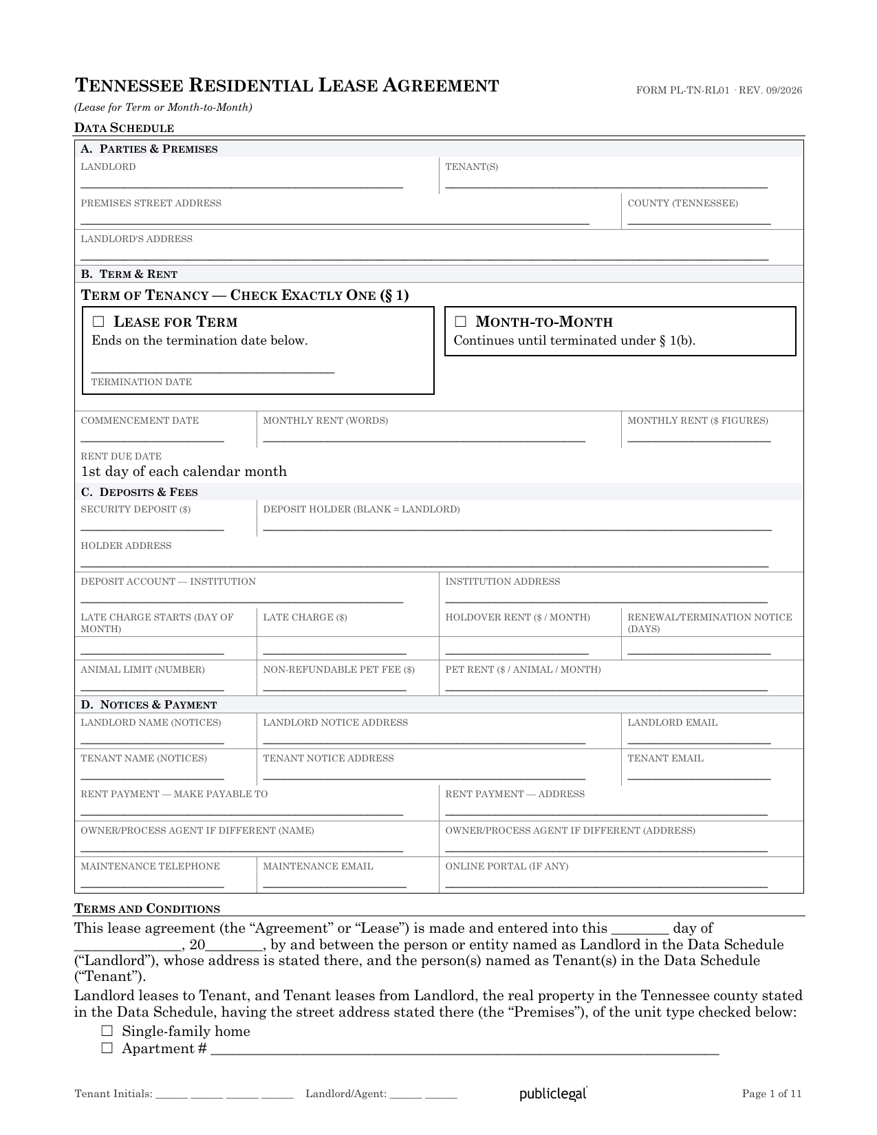 Preview screenshot of page 1 of the Tennessee Residential Lease Agreement showing the Data Schedule and lease-for-term or month-to-month election