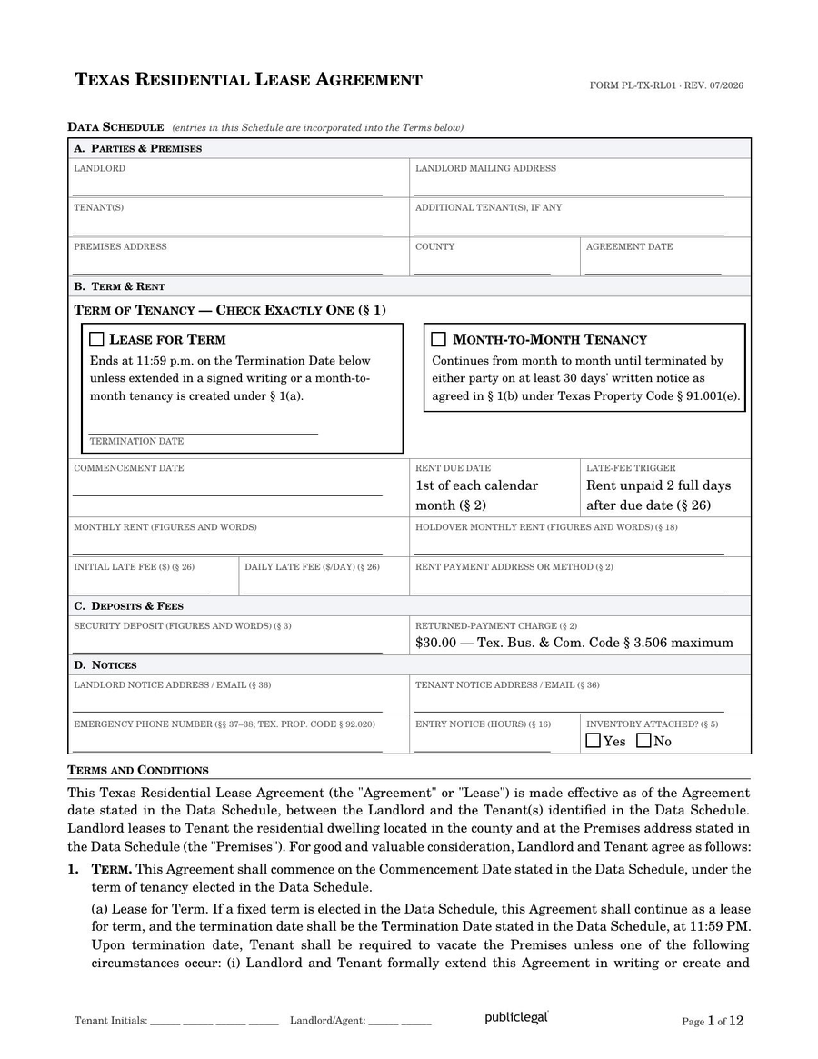 Preview screenshot of page 1 of the Texas Residential Lease Agreement showing the Data Schedule and term election