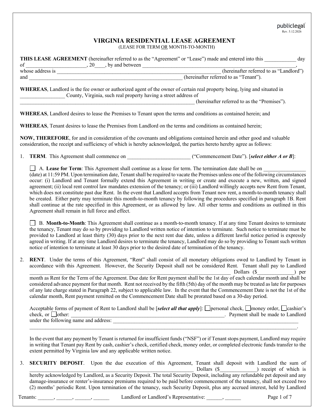 Preview screenshot of page 1 of the Virginia Residential Lease Agreement showing blank landlord and tenant fields