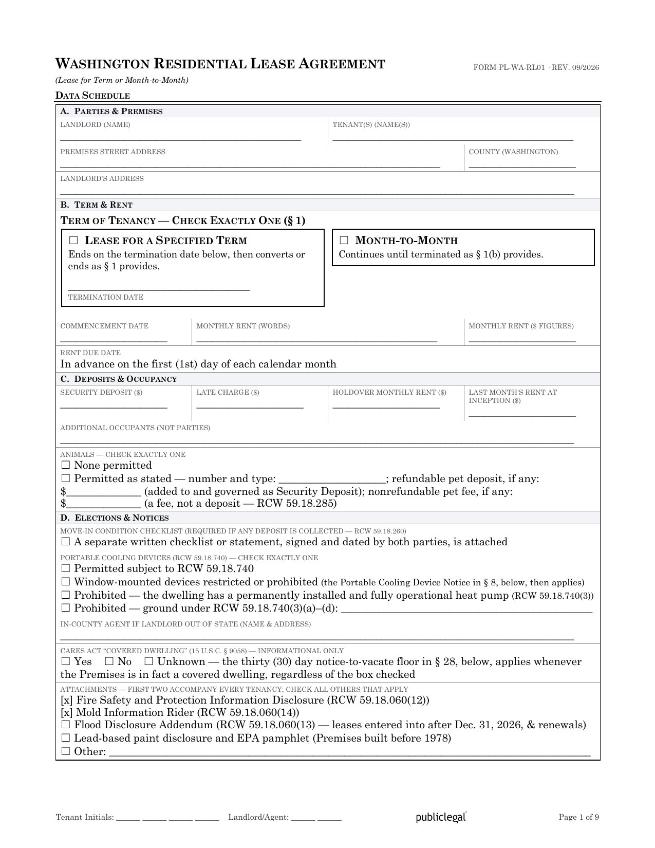 Preview screenshot of page 1 of the Washington Residential Lease Agreement showing the Data Schedule and term election