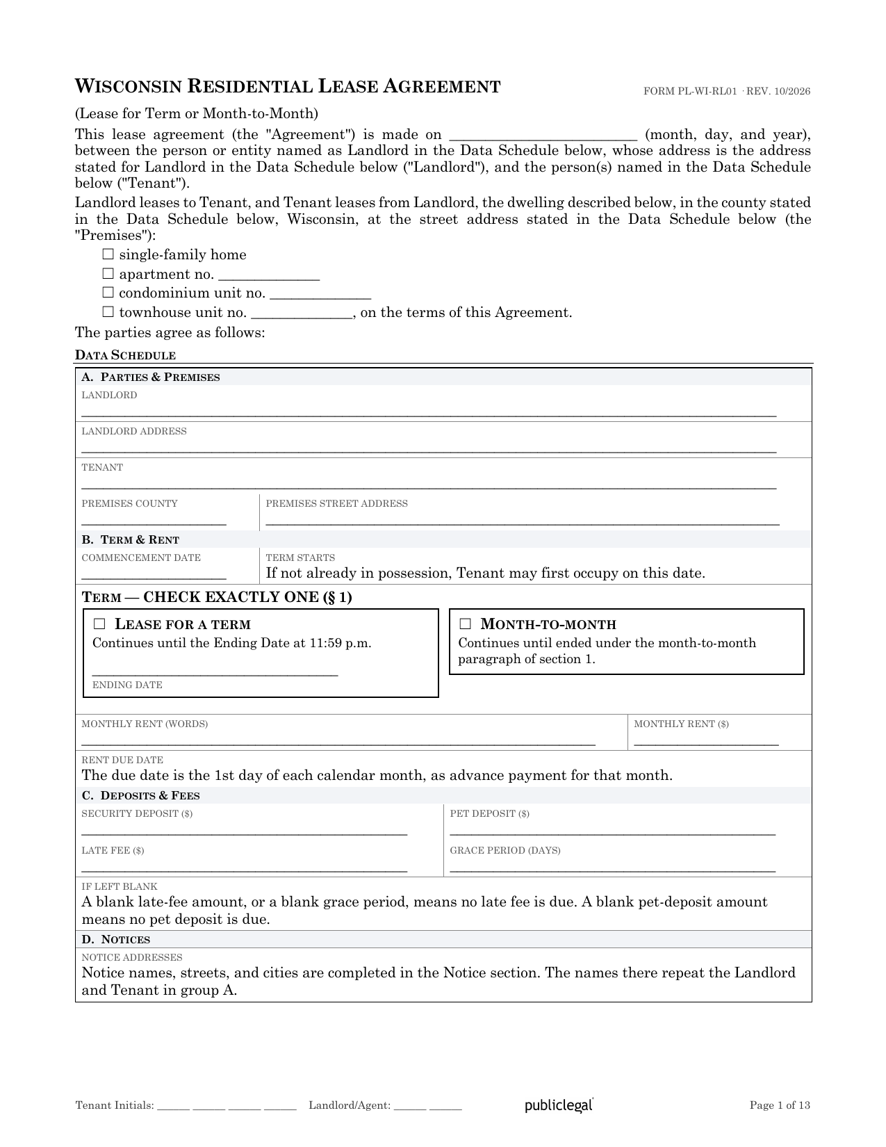 Preview screenshot of page 1 of the Wisconsin Residential Lease Agreement showing the Data Schedule and term election