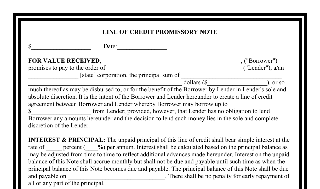 Top of the Line of Credit Promissory Note