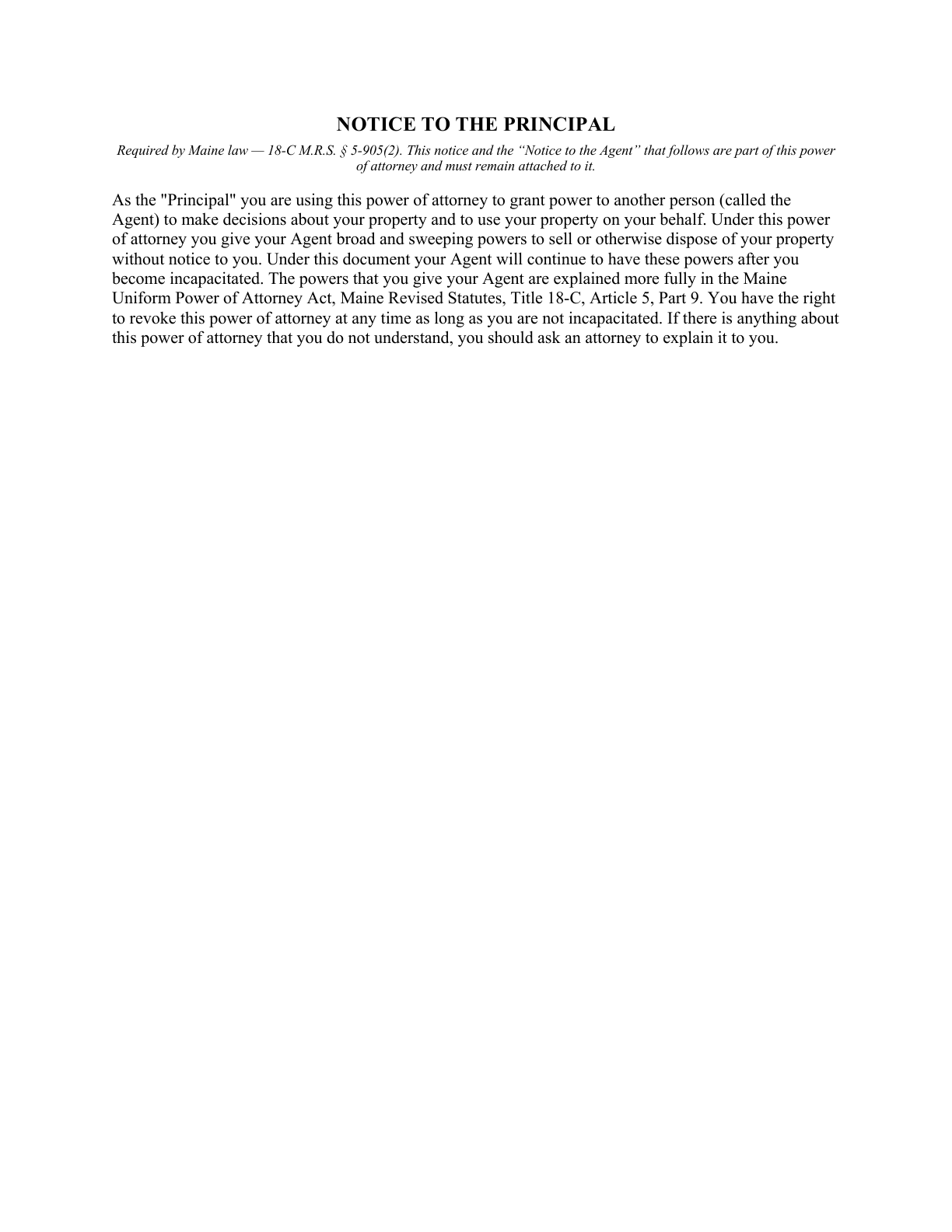 First page of the instrument — the Maine-required Notice to the Principal — from the blank Maine General Durable Power of Attorney for Property & Finances (Immediate)