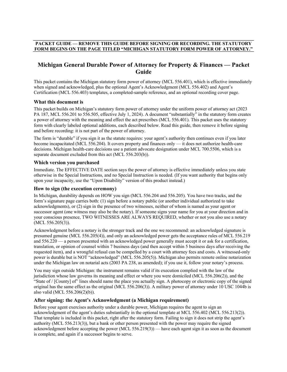 First page of the instrument — the Michigan statutory form heading and grant sections — from the blank Michigan General Durable Power of Attorney for Property & Finances (Immediate)