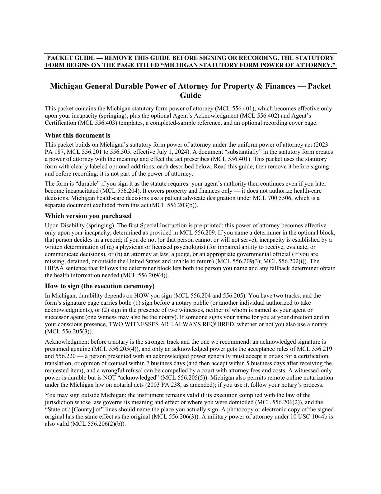 First page of the instrument — the Michigan statutory form heading and grant sections — from the blank Michigan General Durable Power of Attorney for Property & Finances (Upon Disability)