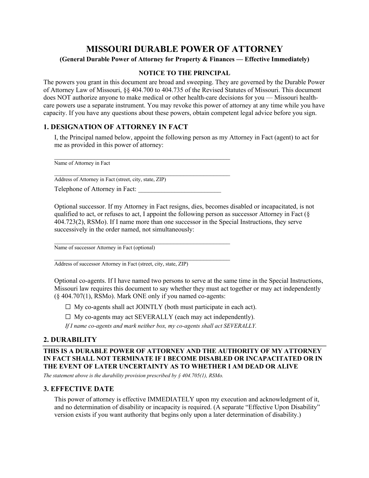 First page of the instrument — the Missouri Durable Power of Attorney heading, notice, and agent designation — from the blank Missouri General Durable Power of Attorney for Property & Finances (Immediate)