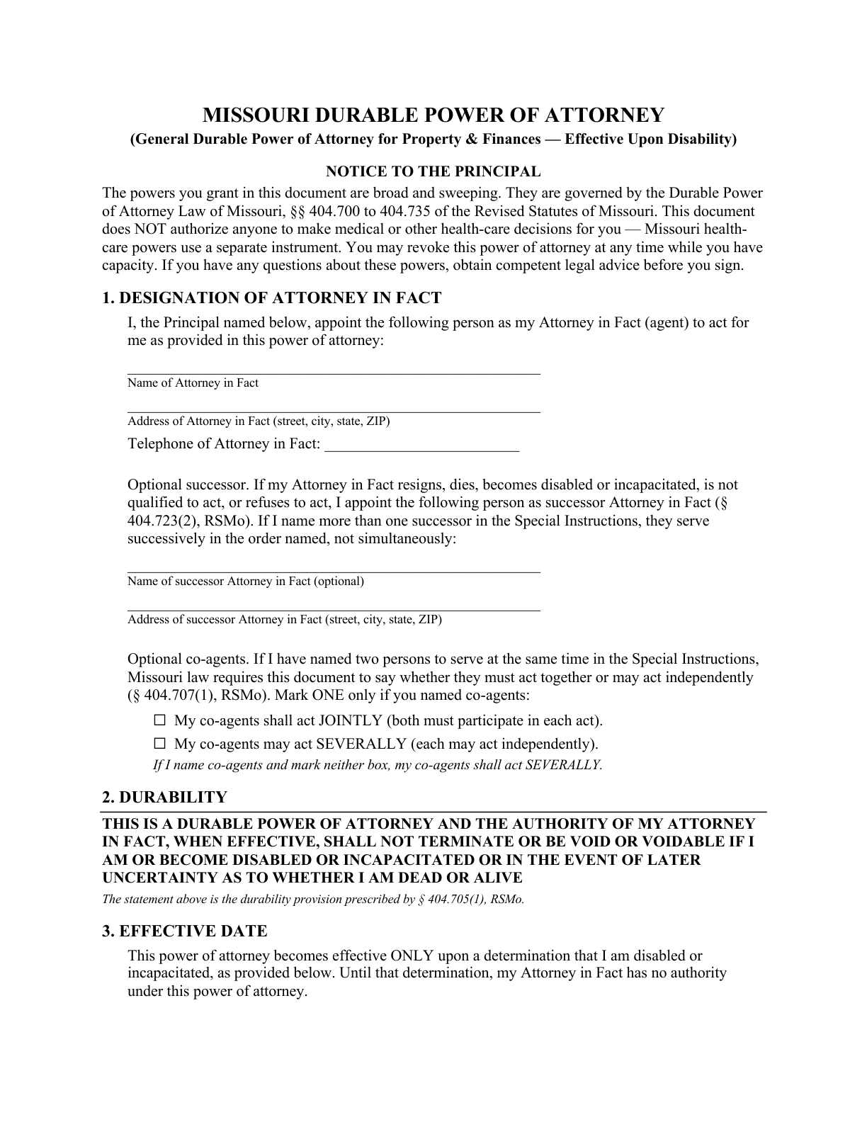 First page of the instrument — the Missouri Durable Power of Attorney heading, notice, and agent designation — from the blank Missouri General Durable Power of Attorney for Property & Finances (Upon Disability)