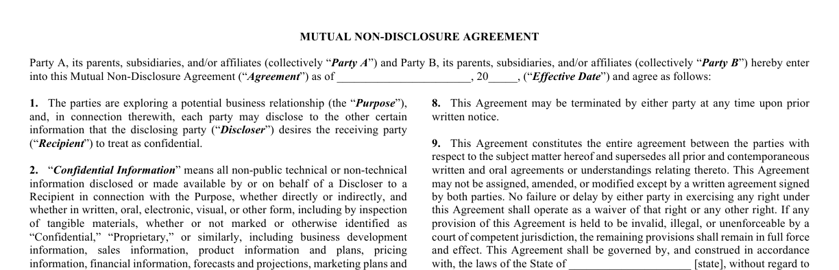 Top of the Mutual Non-Disclosure Agreement form