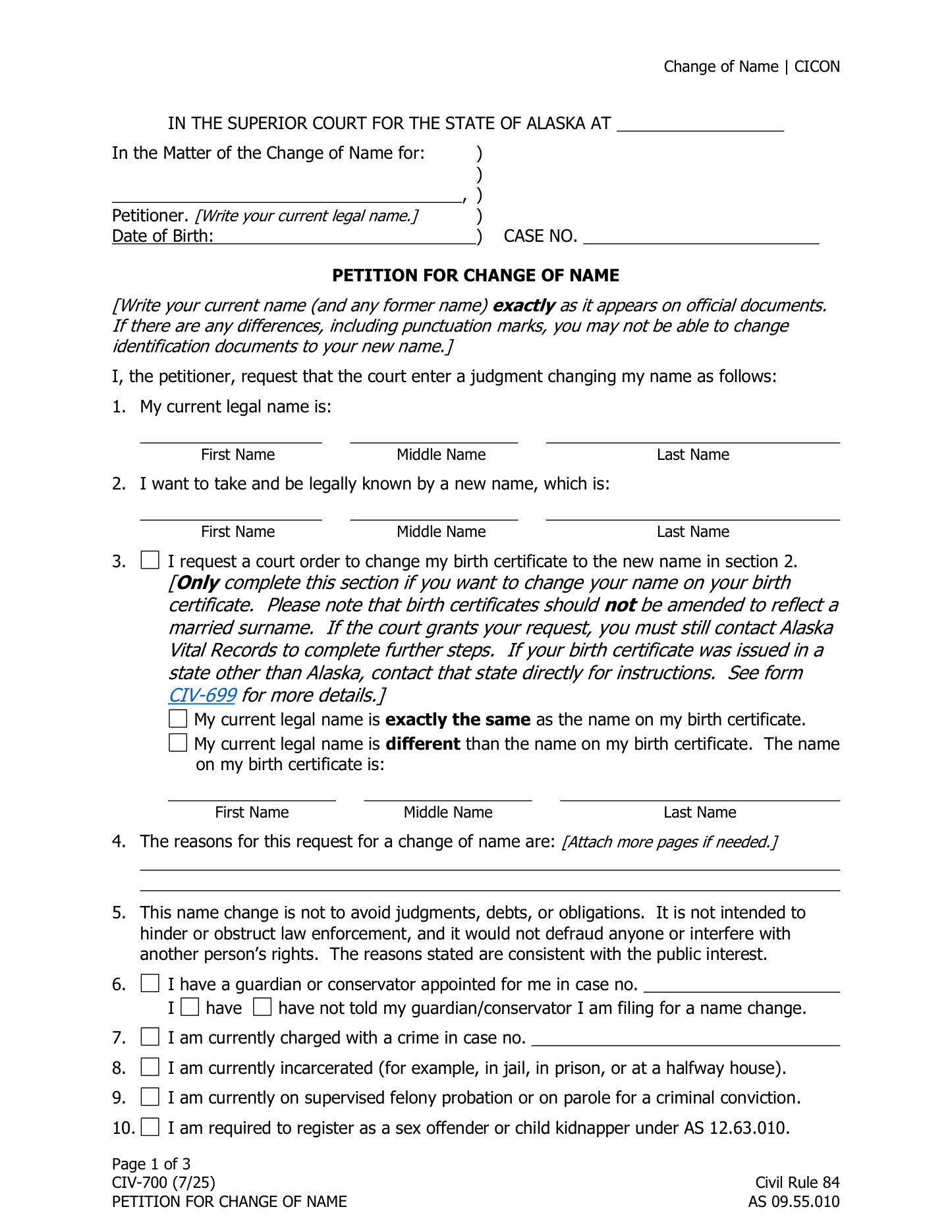 Page 1 of the official Alaska Petition for Change of Name (CIV-700) included in the download