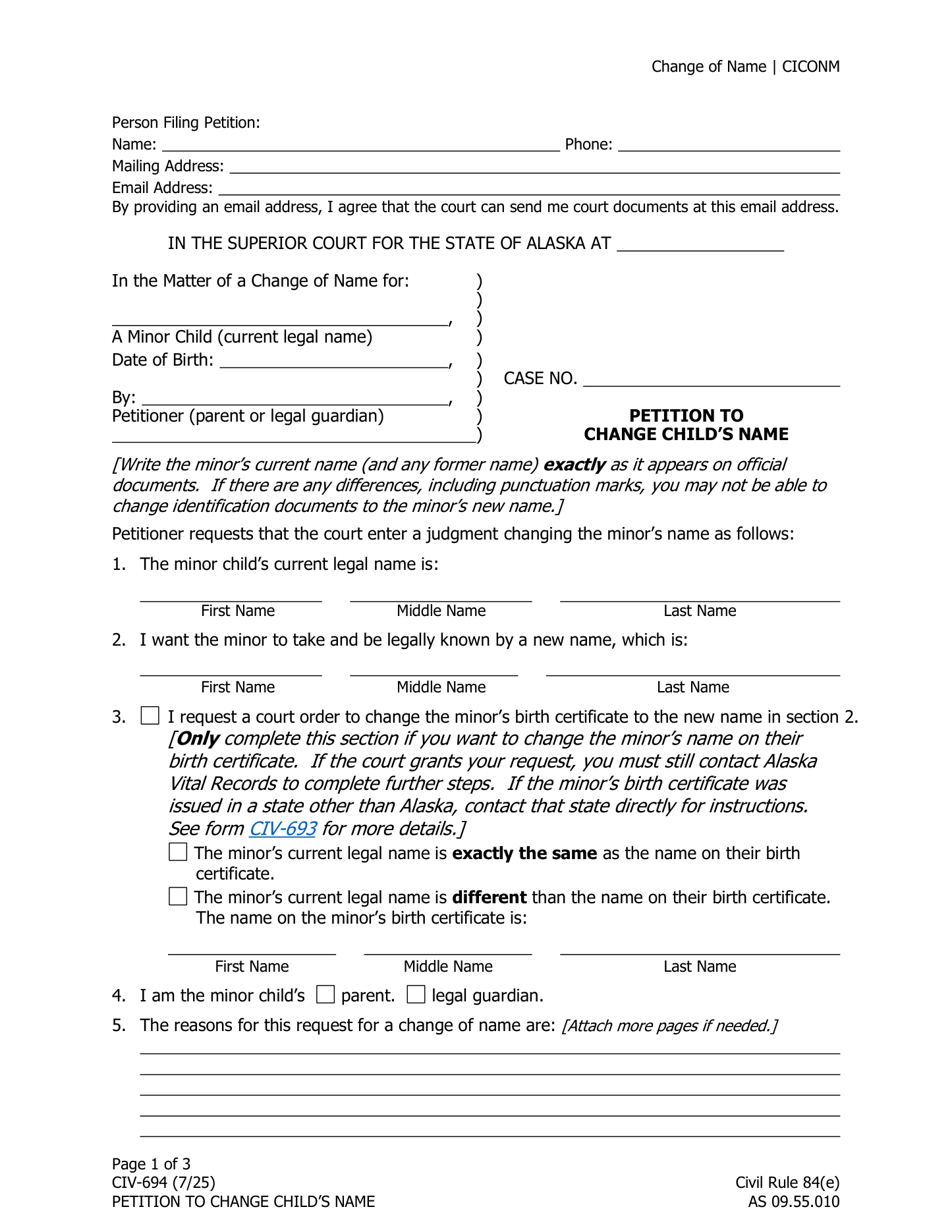 Page 1 of the official Alaska Petition to Change Child's Name (CIV-694) included in the download