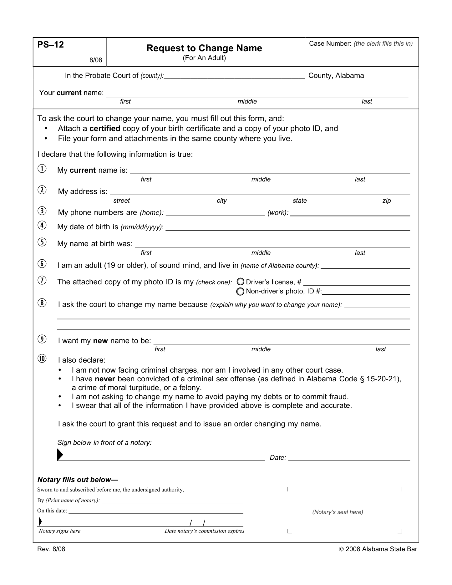 Page 1 of the official Alabama Request to Change Name (For An Adult), AOC form PS-12, included in the download