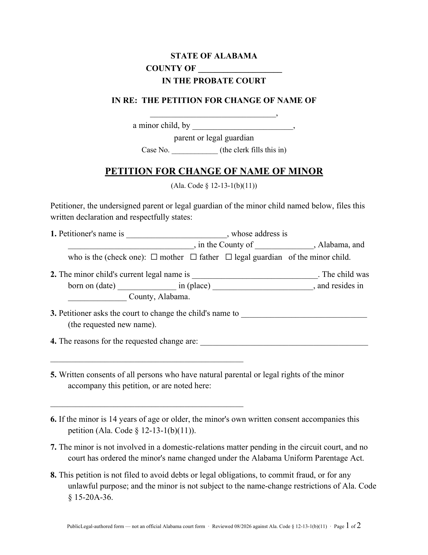 Page 1 of the Alabama Petition for Change of Name of Minor (PublicLegal-authored) included in the download
