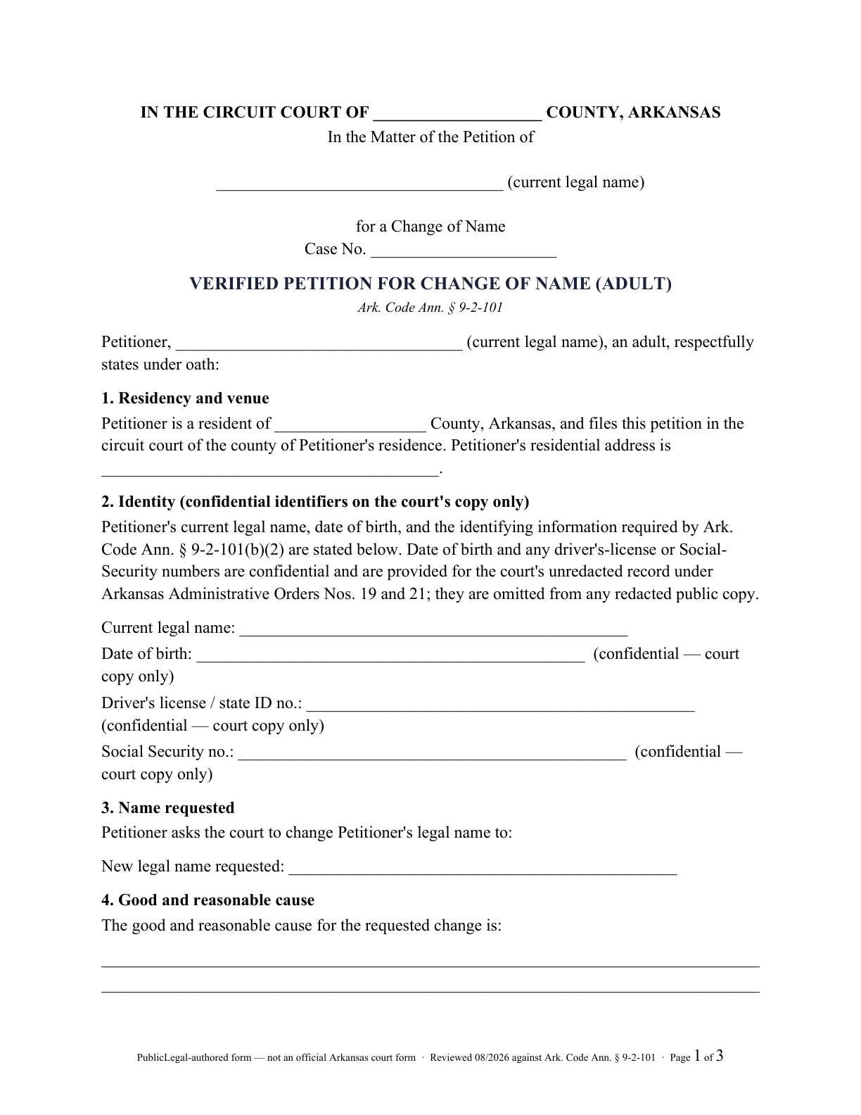 Page 1 of the PublicLegal-authored Arkansas Verified Petition for Change of Name (Adult) included in the download