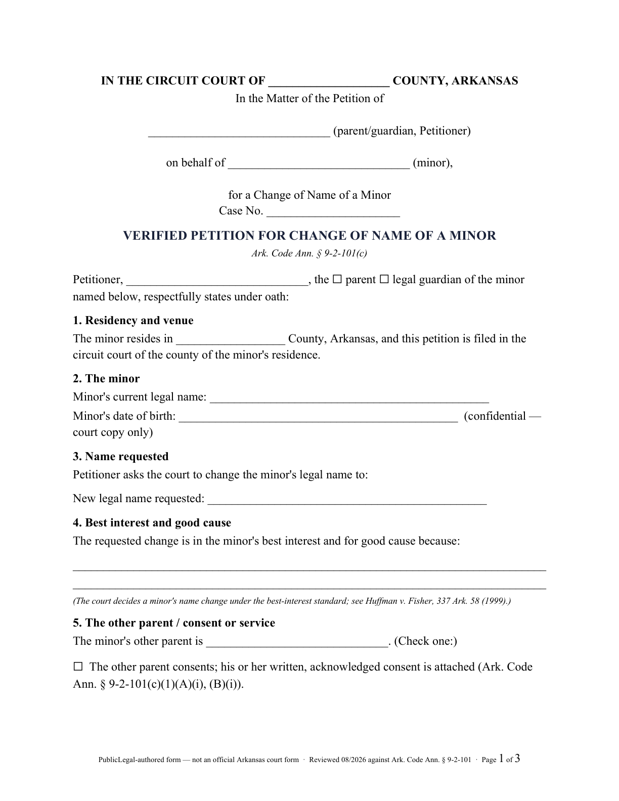 Page 1 of the PublicLegal-authored Arkansas Verified Petition for Change of Name of a Minor included in the download