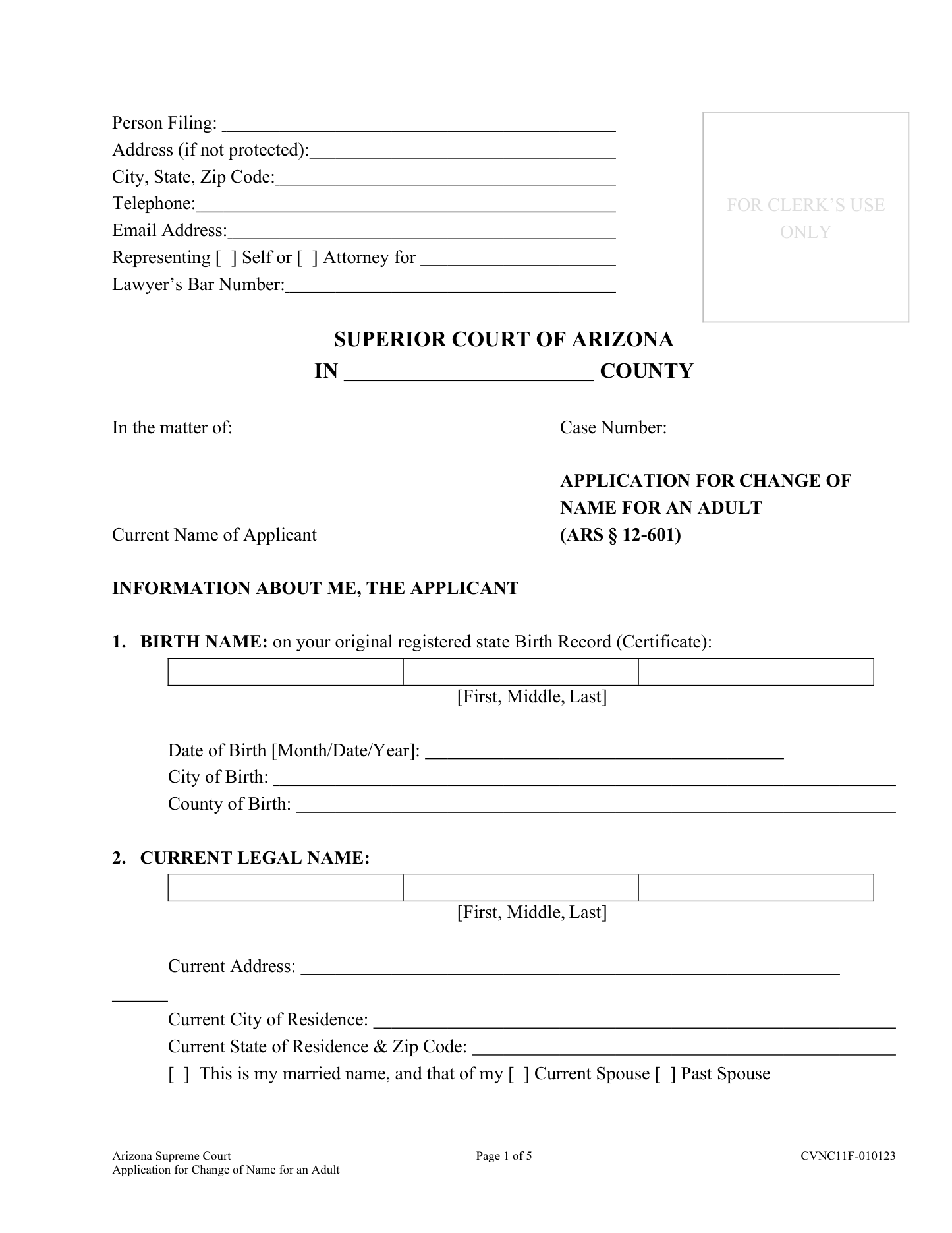 Page 1 of the official Arizona CVNC11F adult name-change application included in the download