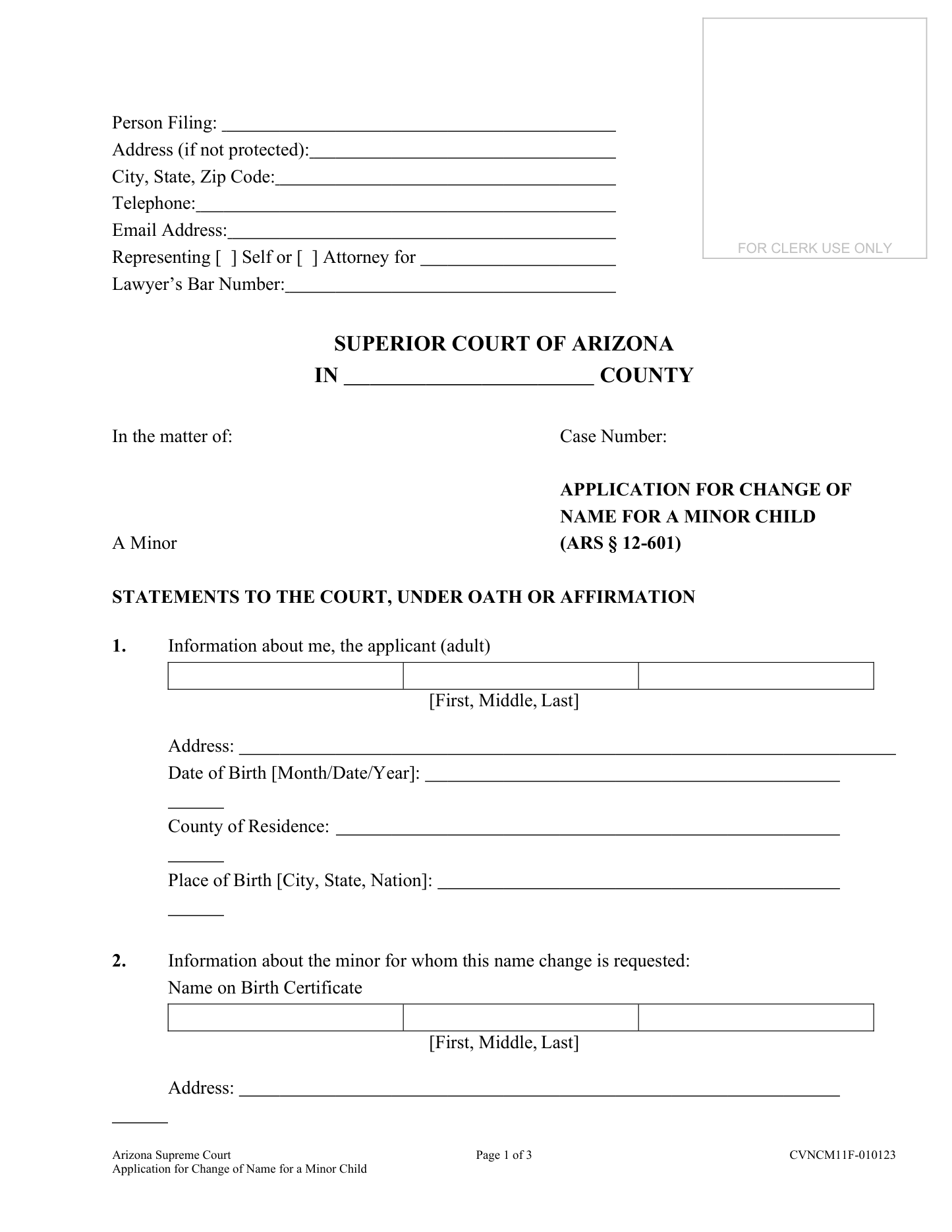 Page 1 of the official Arizona CVNCM11F minor name-change application included in the download