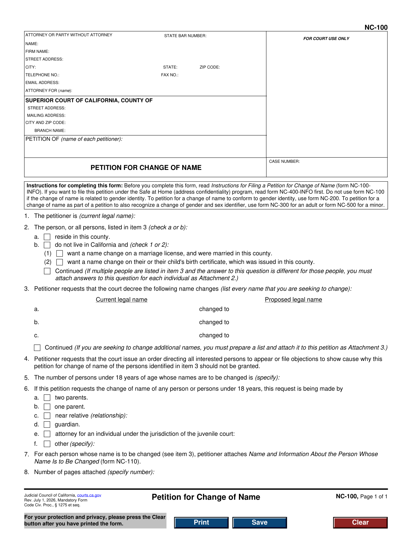Page 1 of the official California Petition for Change of Name (NC-100) included in the download