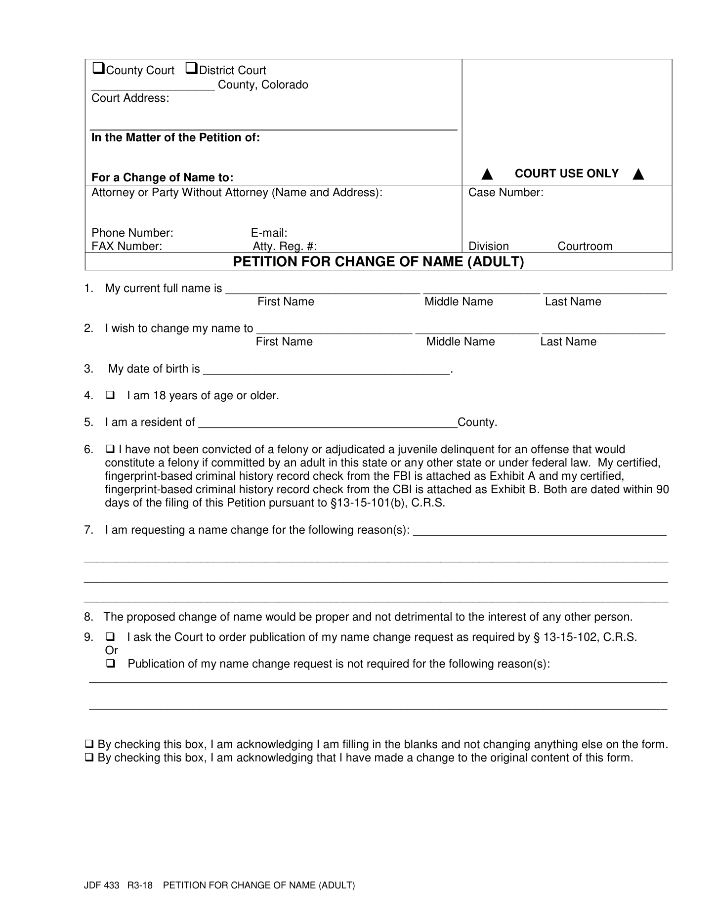 Page 1 of the official Colorado Petition for Change of Name (Adult) (JDF 433) included in the download