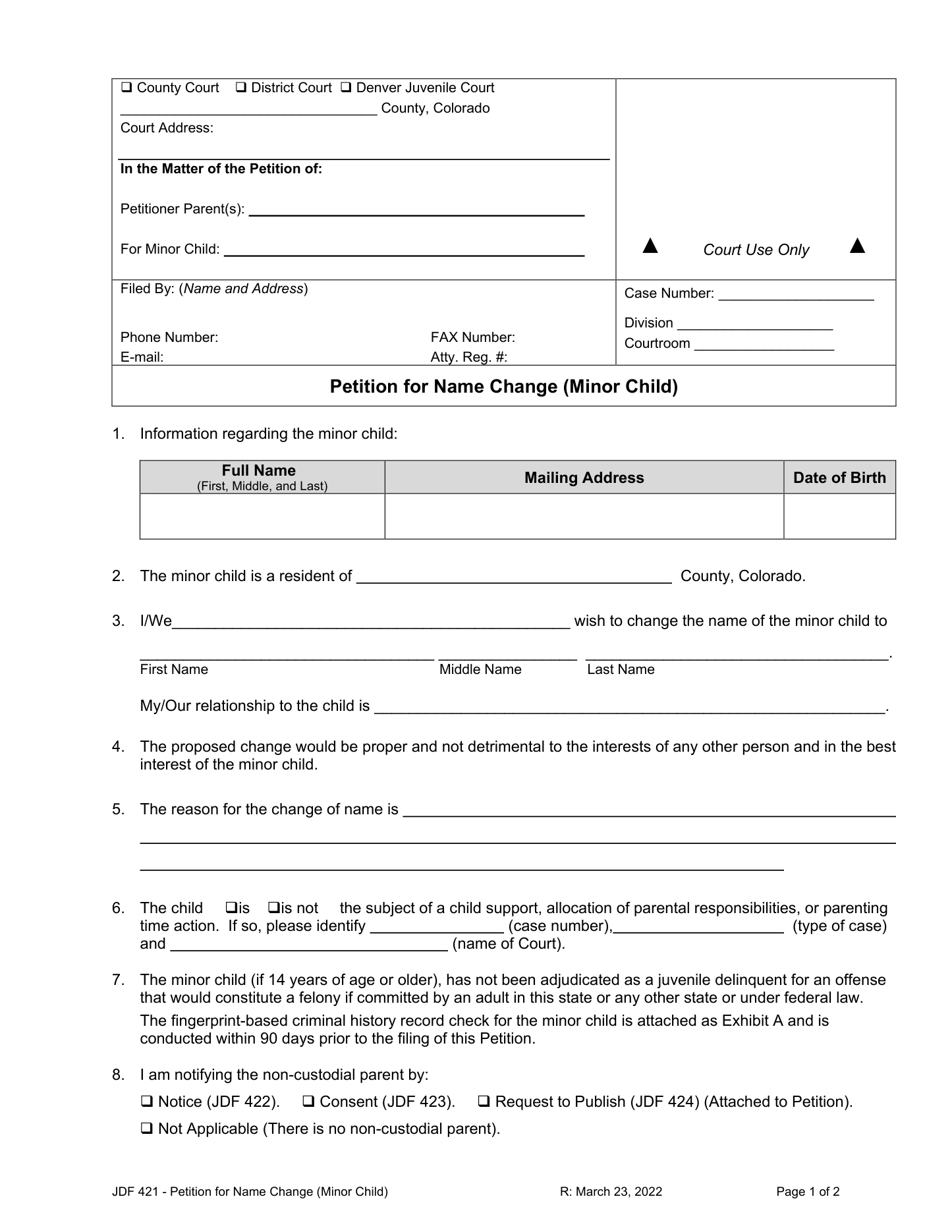 Page 1 of the official Colorado Petition for Name Change of a Minor Child (JDF 421) included in the download