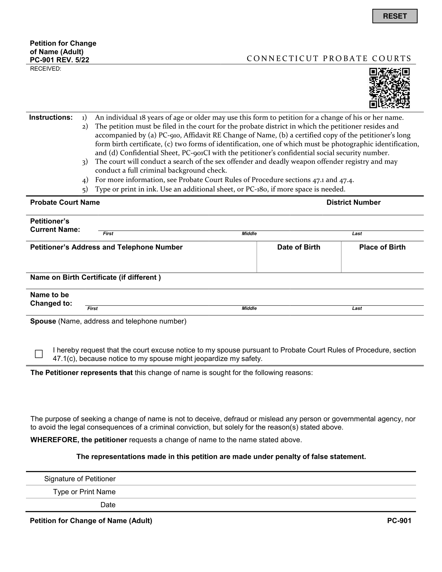 Page 1 of the official Connecticut Petition for Change of Name (Adult) (PC-901), included in the download