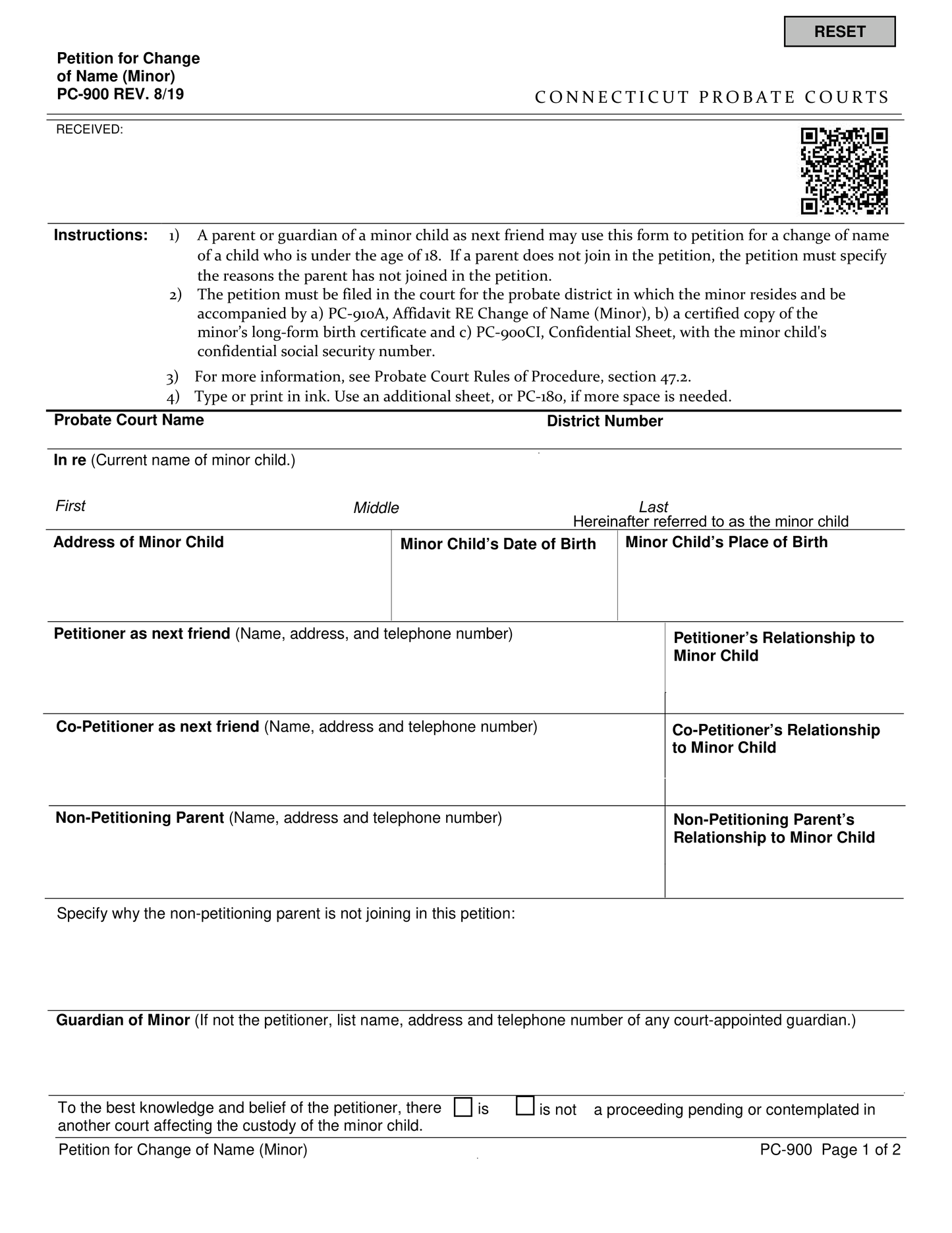 Page 1 of the official Connecticut Petition for Change of Name (Minor) (PC-900), included in the download