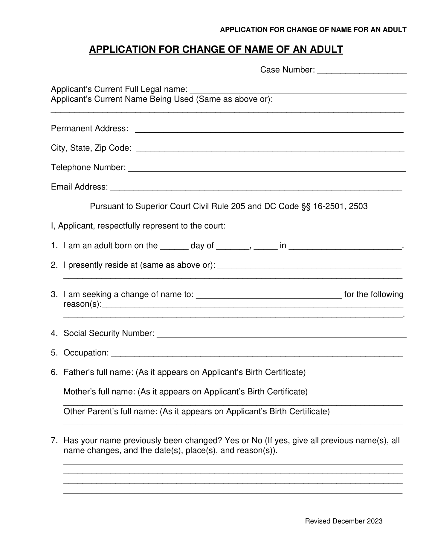 Page 1 of the official D.C. Superior Court adult name-change application included in the download