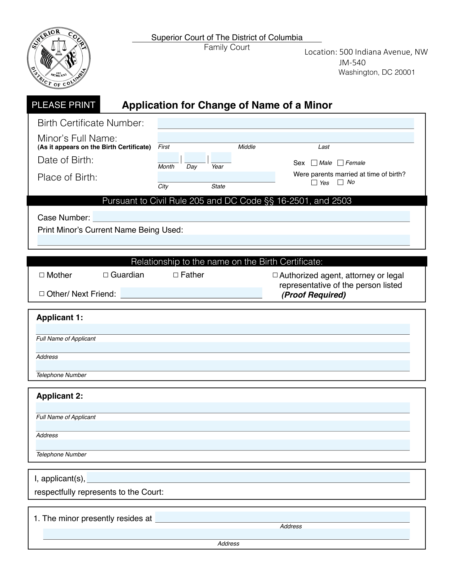 Page 1 of the official D.C. Superior Court minor name-change application included in the download