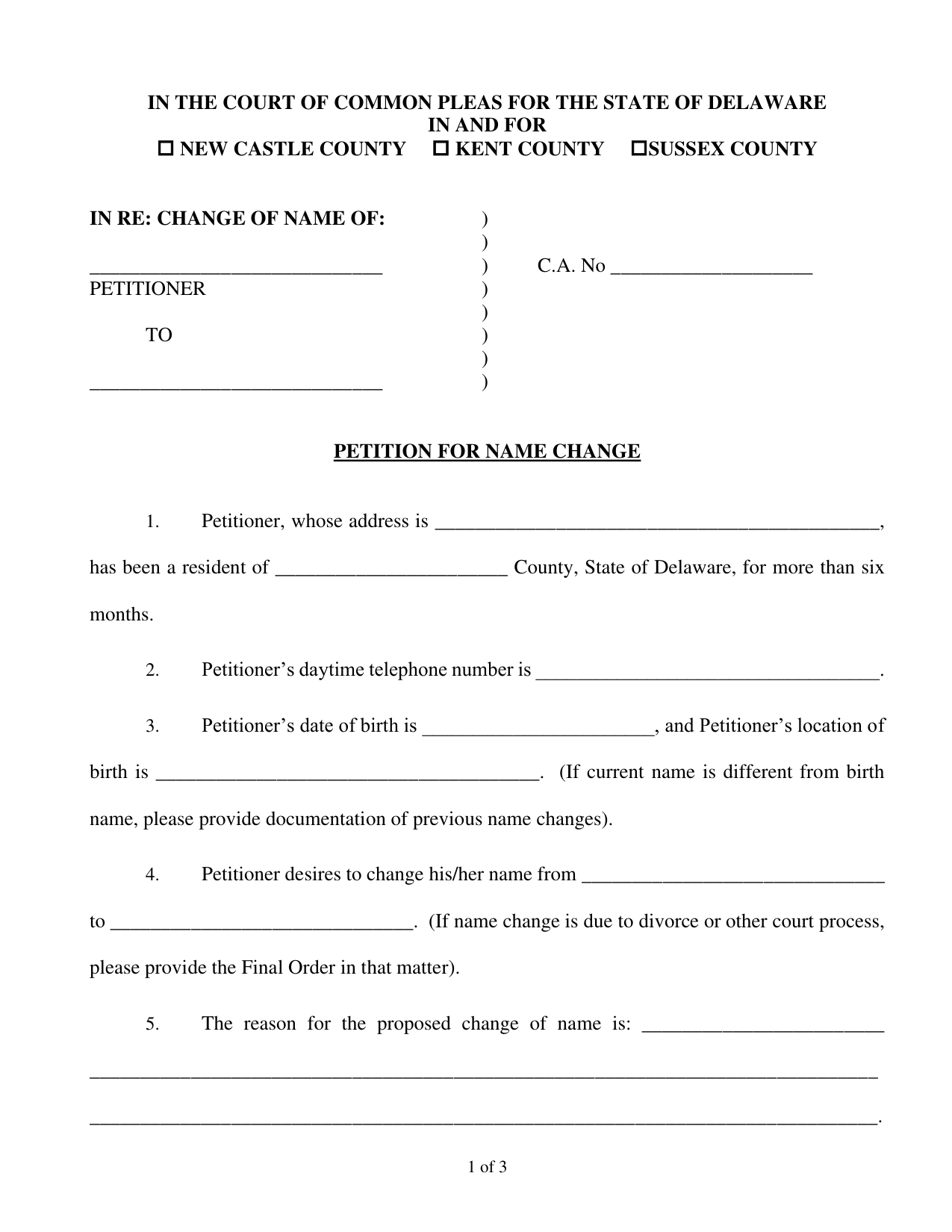 Page 1 of the official Delaware Court of Common Pleas Petition for Name Change included in the download