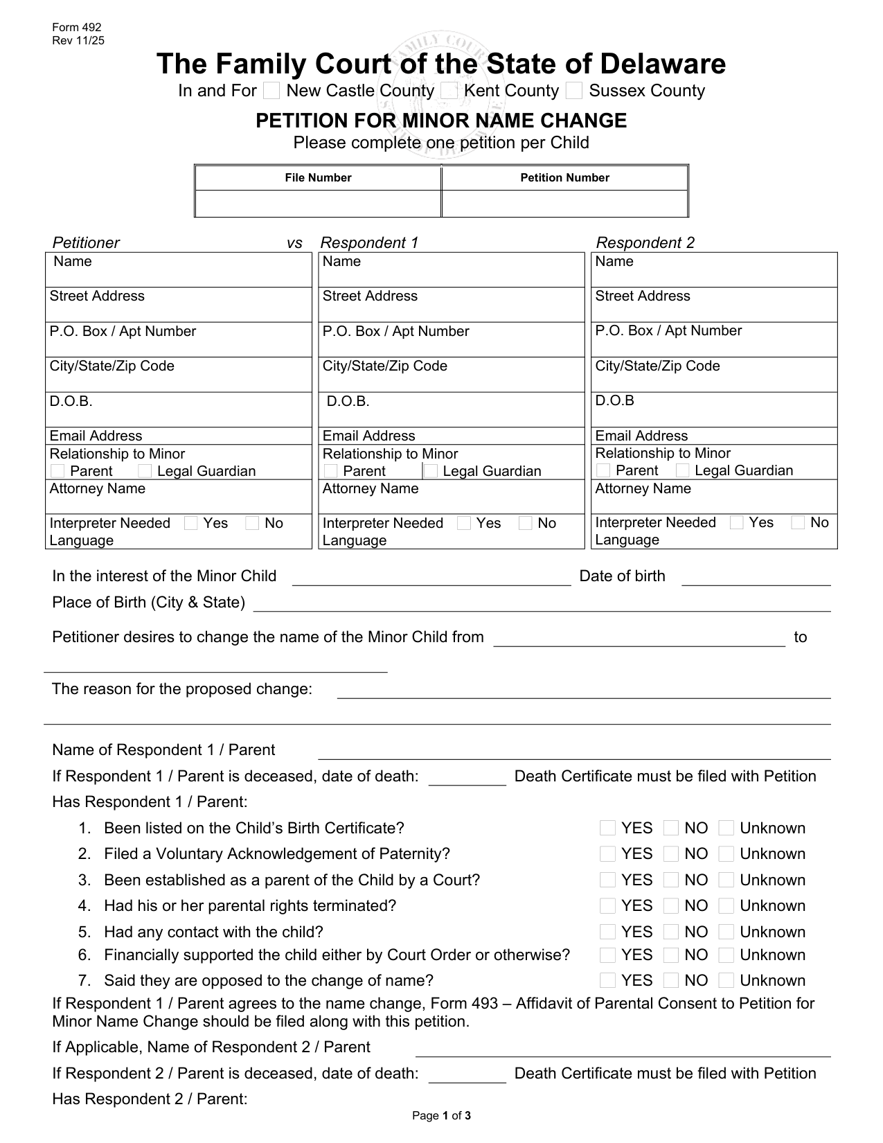 Page 1 of the official Delaware Family Court Form 492 Petition for Minor Name Change included in the download