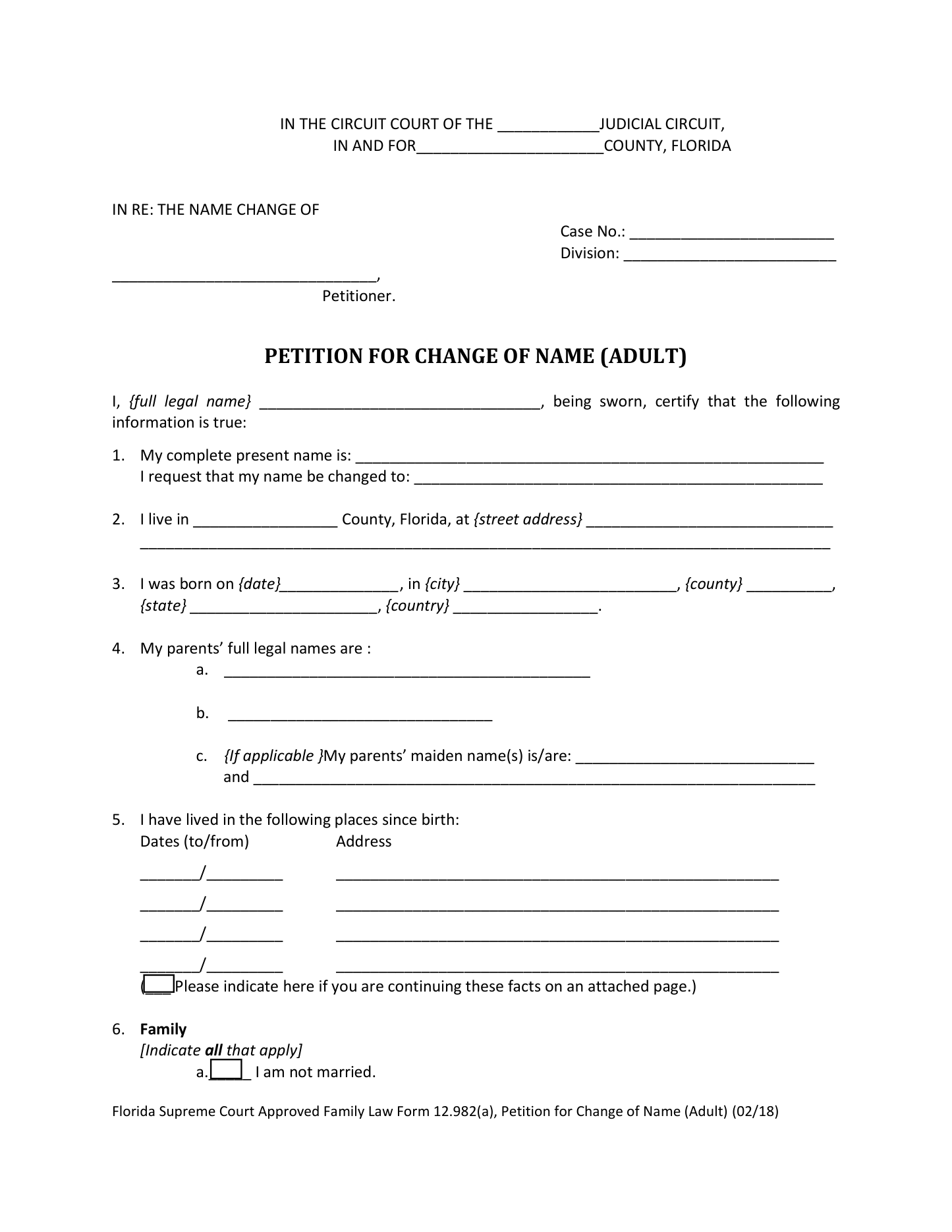 Caption page of the official Florida Petition for Change of Name (Adult), form 12.982(a), included in the download