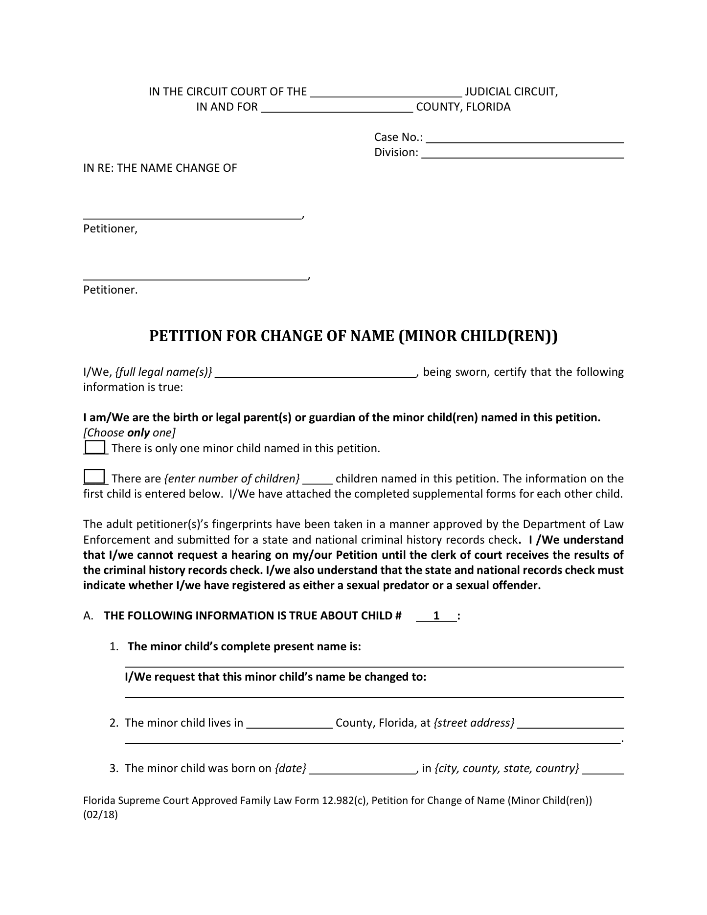 Caption page of the official Florida Petition for Change of Name (Minor Child), form 12.982(c), included in the download