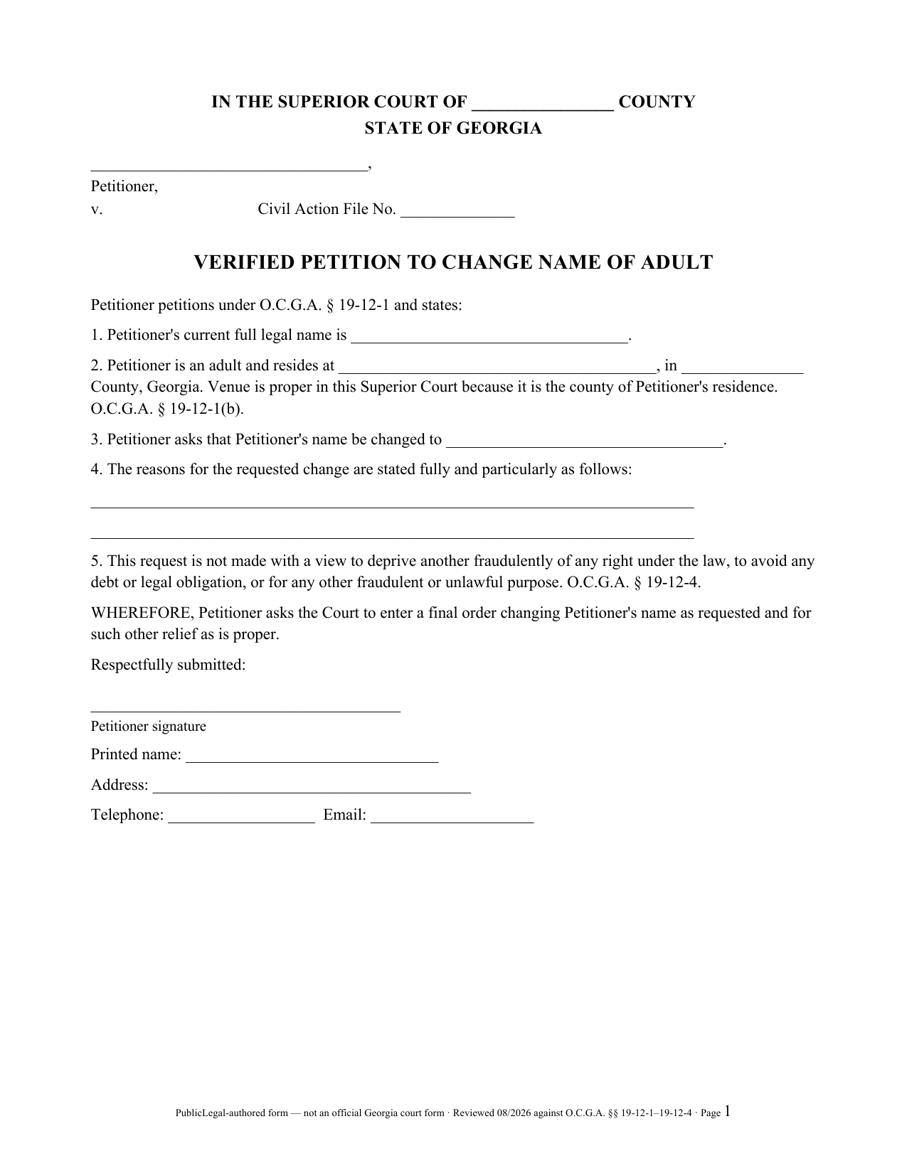 Page 1 of the PublicLegal-authored Georgia Verified Petition to Change Name of Adult included in the download