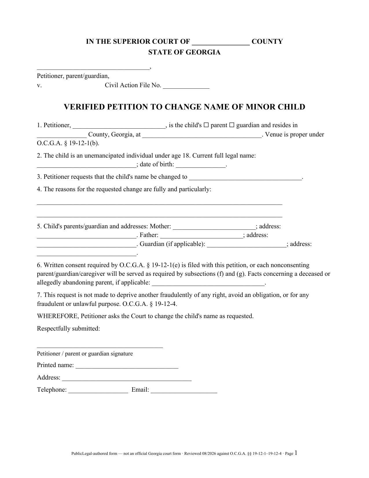 Page 1 of the PublicLegal-authored Georgia Verified Petition to Change Name of Minor included in the download