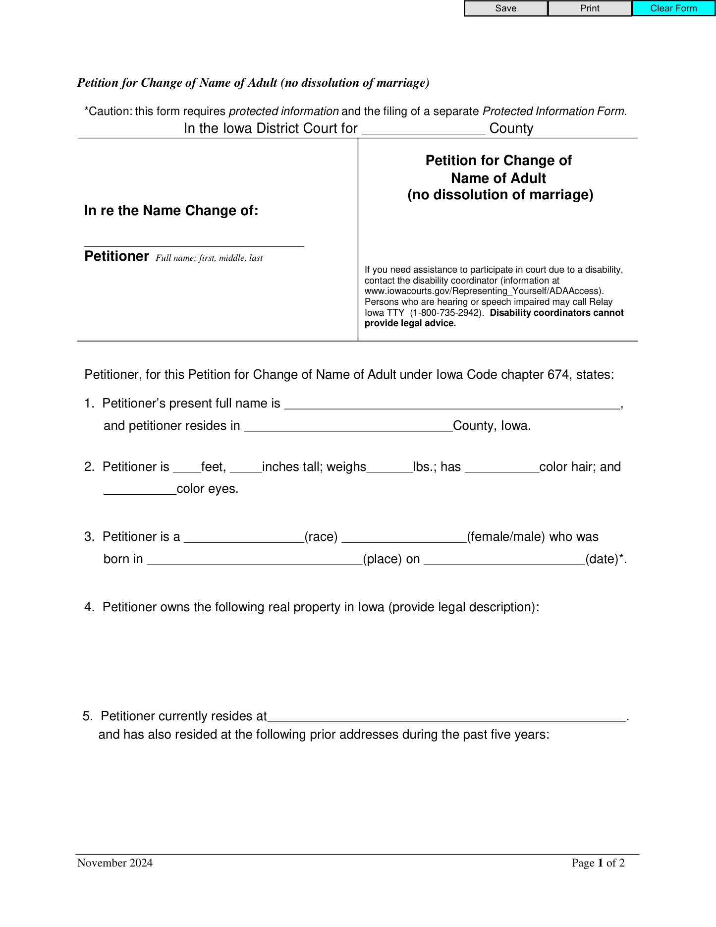 Page 1 of the official Iowa Petition for Change of Name of Adult (rev. 11/2024) included in the download