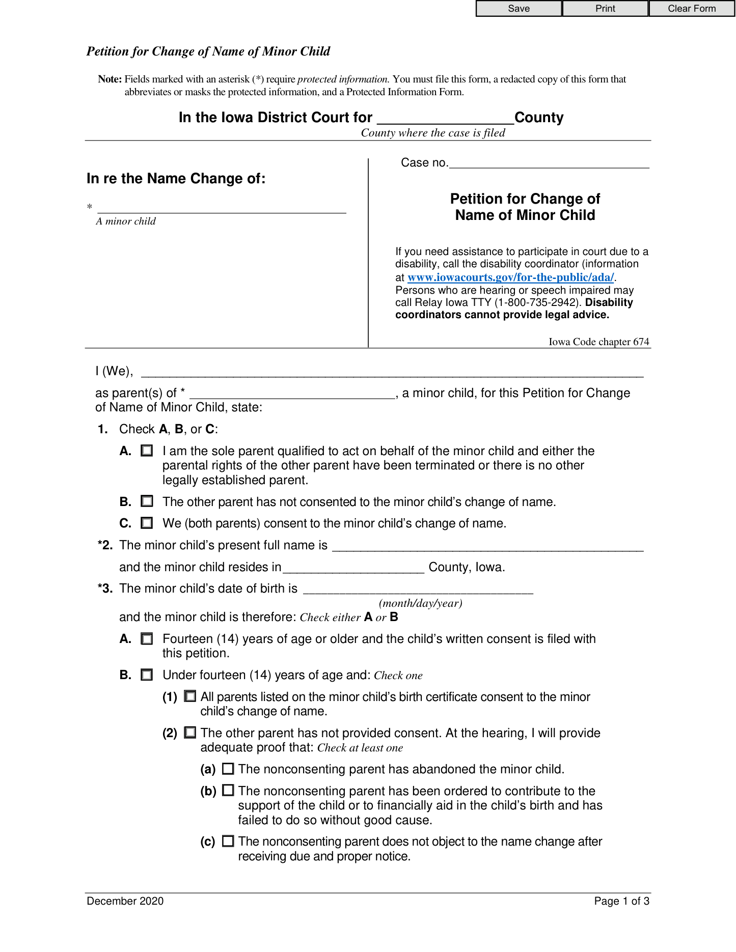 Page 1 of the official Iowa Petition for Change of Name of Minor Child (rev. 12/2020) included in the download