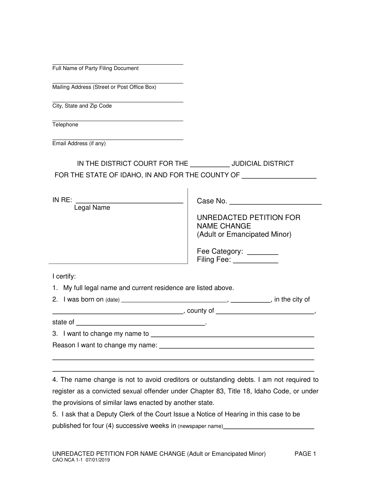 Page 1 of the official Idaho Petition for Name Change (NCA 1-1) included in the download