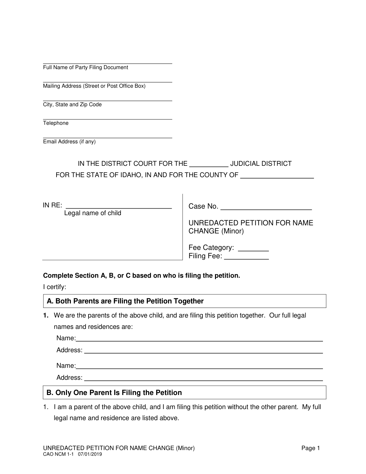 Page 1 of the official Idaho Petition for Name Change of a Minor (NCM 1-1) included in the download