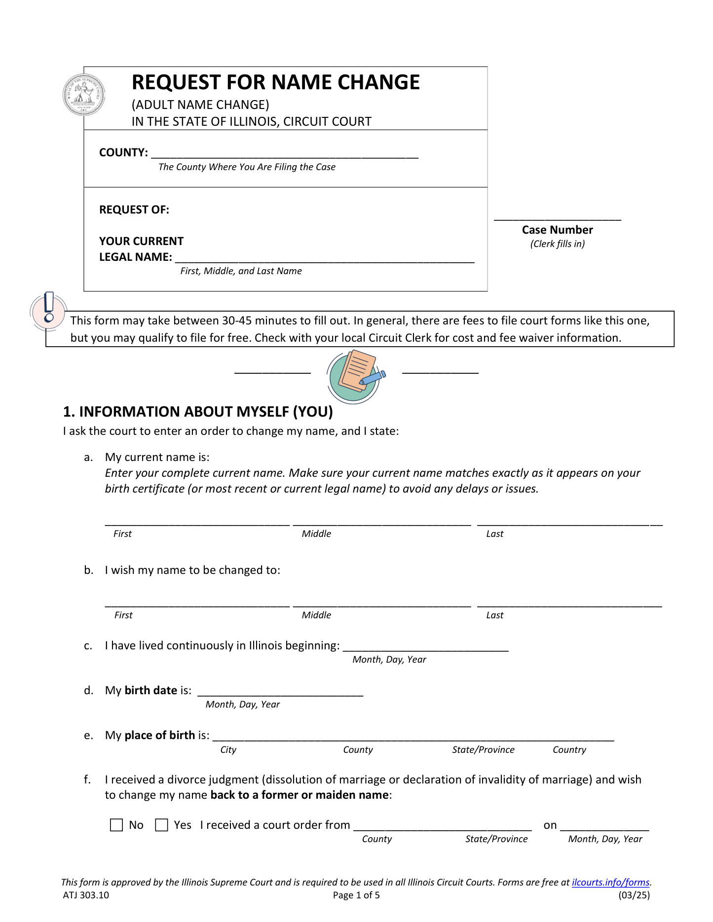 Page 1 of the official Illinois Request for Name Change (Adult, ATJ 303.10), included in the download