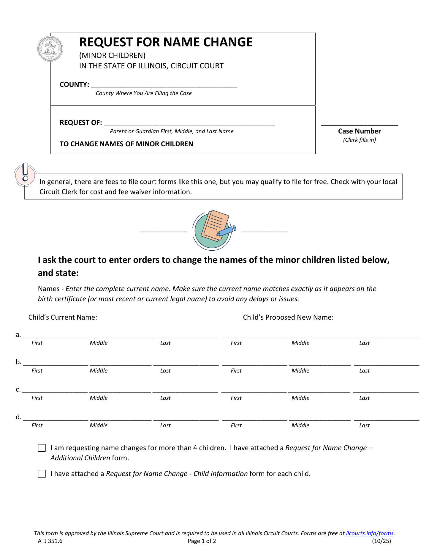 Page 1 of the official Illinois Request for Name Change (Minor Children, ATJ 351.6), included in the download