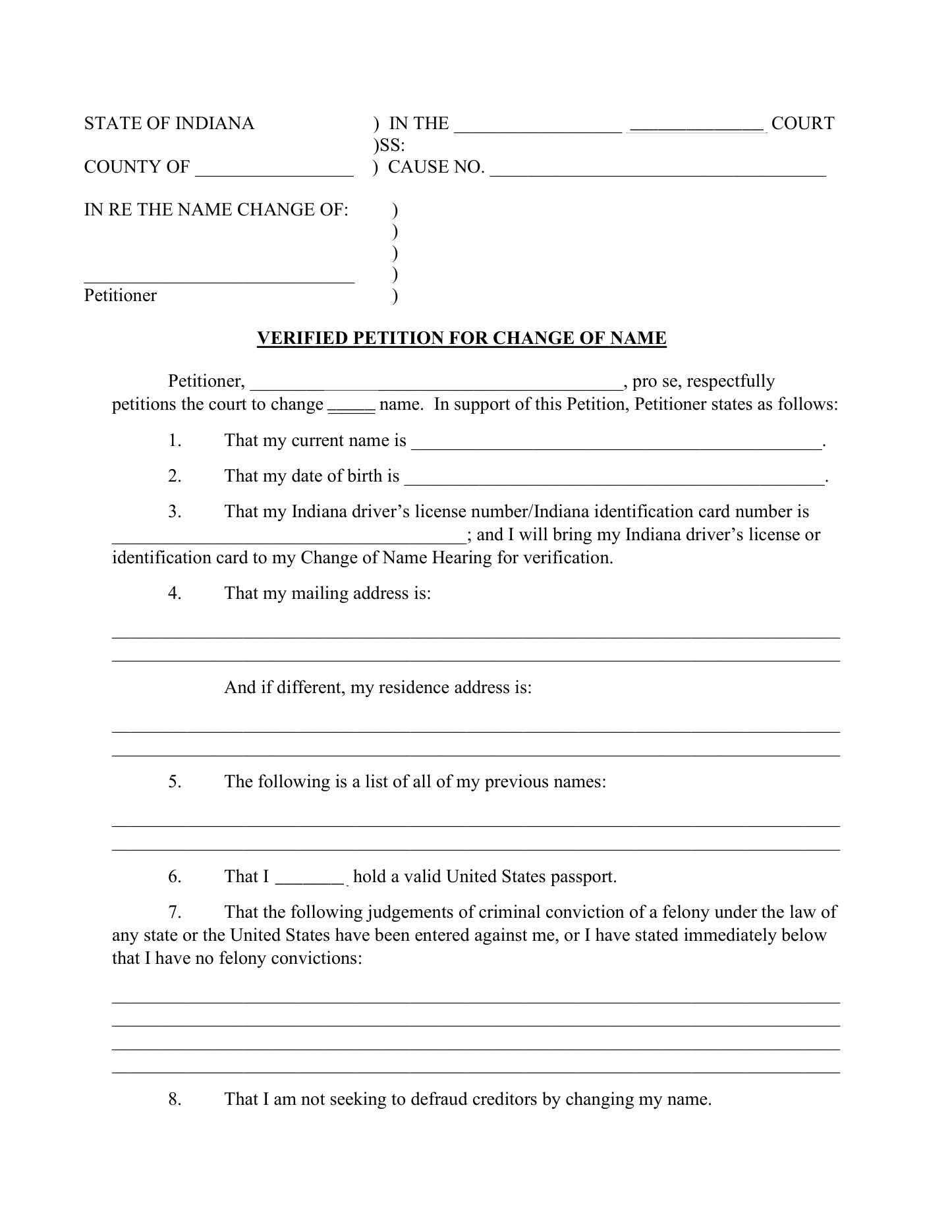 Page 1 of the official Indiana Verified Petition for Change of Name (adult) included in the download