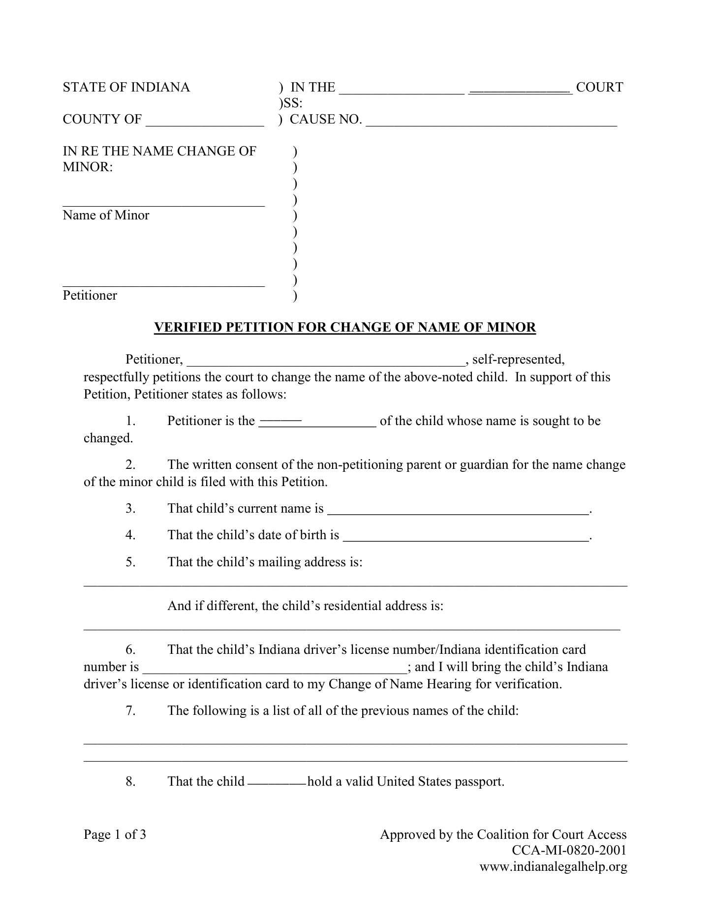 Page 1 of the official Indiana Verified Petition for Change of Name of Minor included in the download