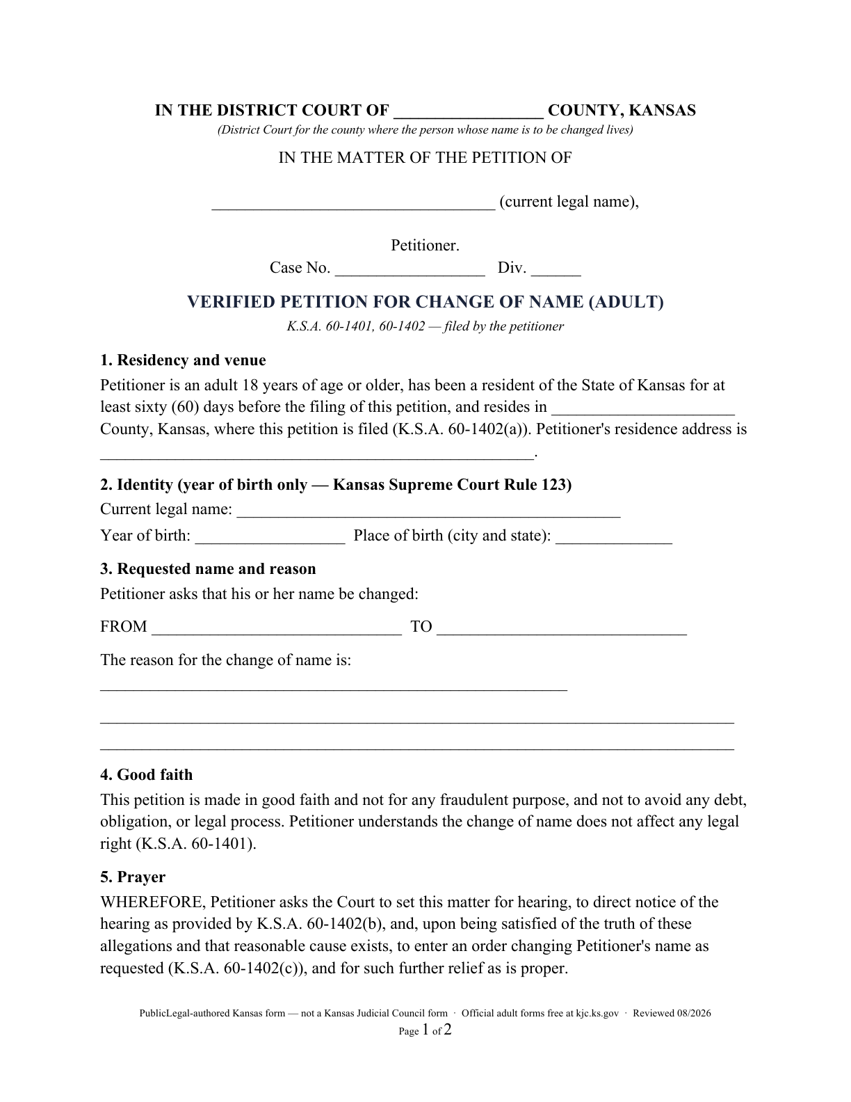 Page 1 of the PublicLegal-authored Kansas adult verified name-change petition included in the download